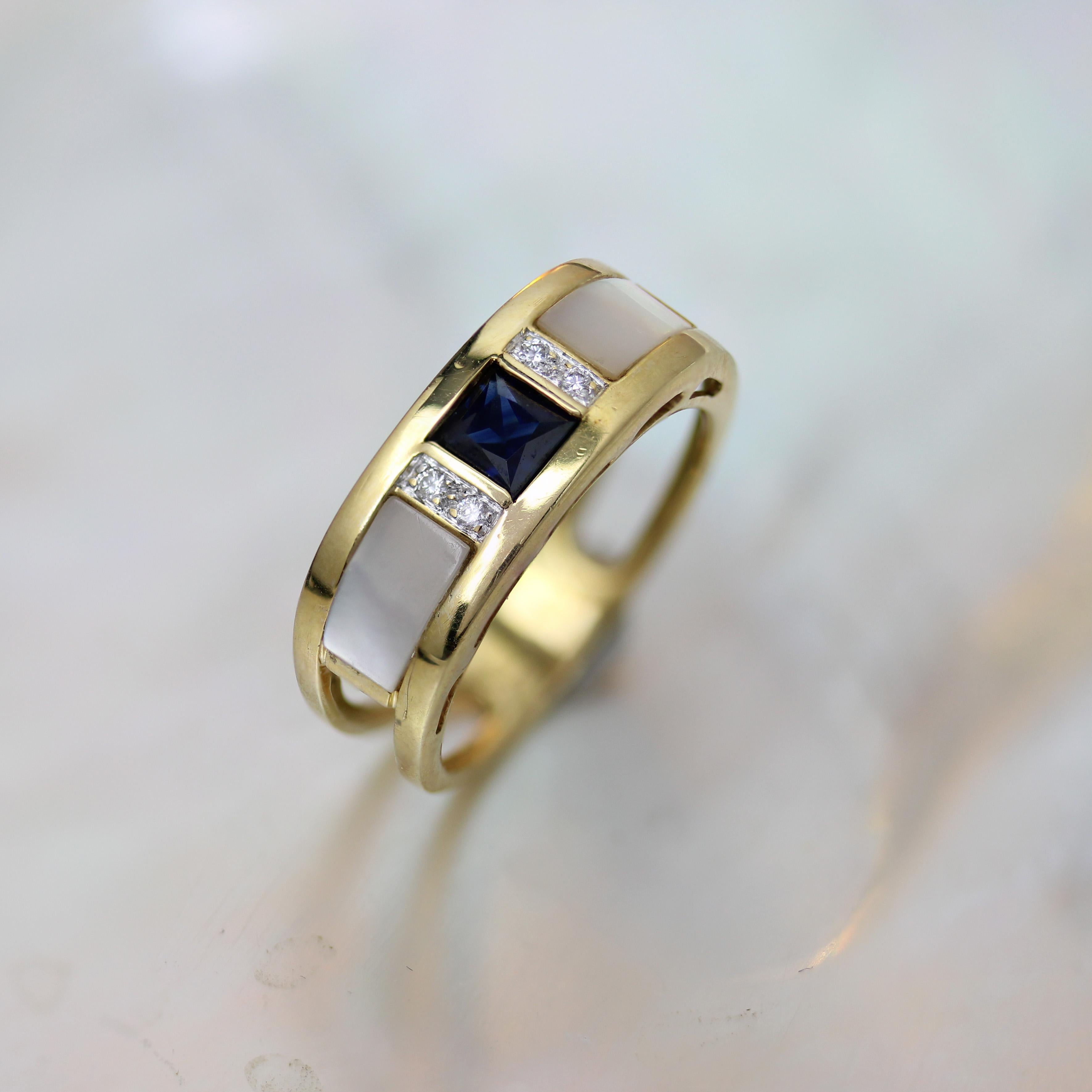 Modern Sapphire Mother of Pearl Diamonds 18 Karat Yellow Gold Bangle Ring For Sale 5