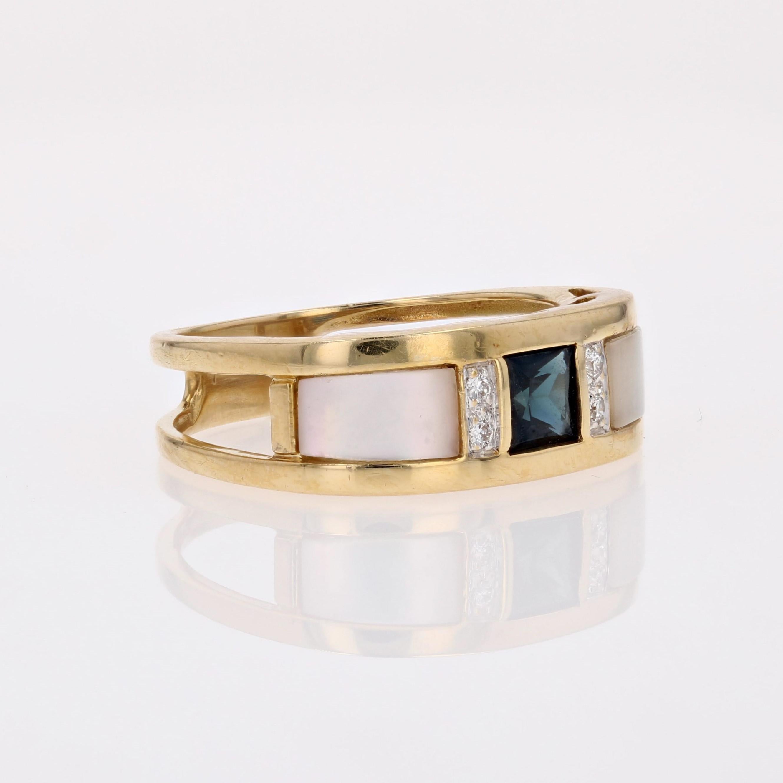Modern Sapphire Mother of Pearl Diamonds 18 Karat Yellow Gold Bangle Ring For Sale 6