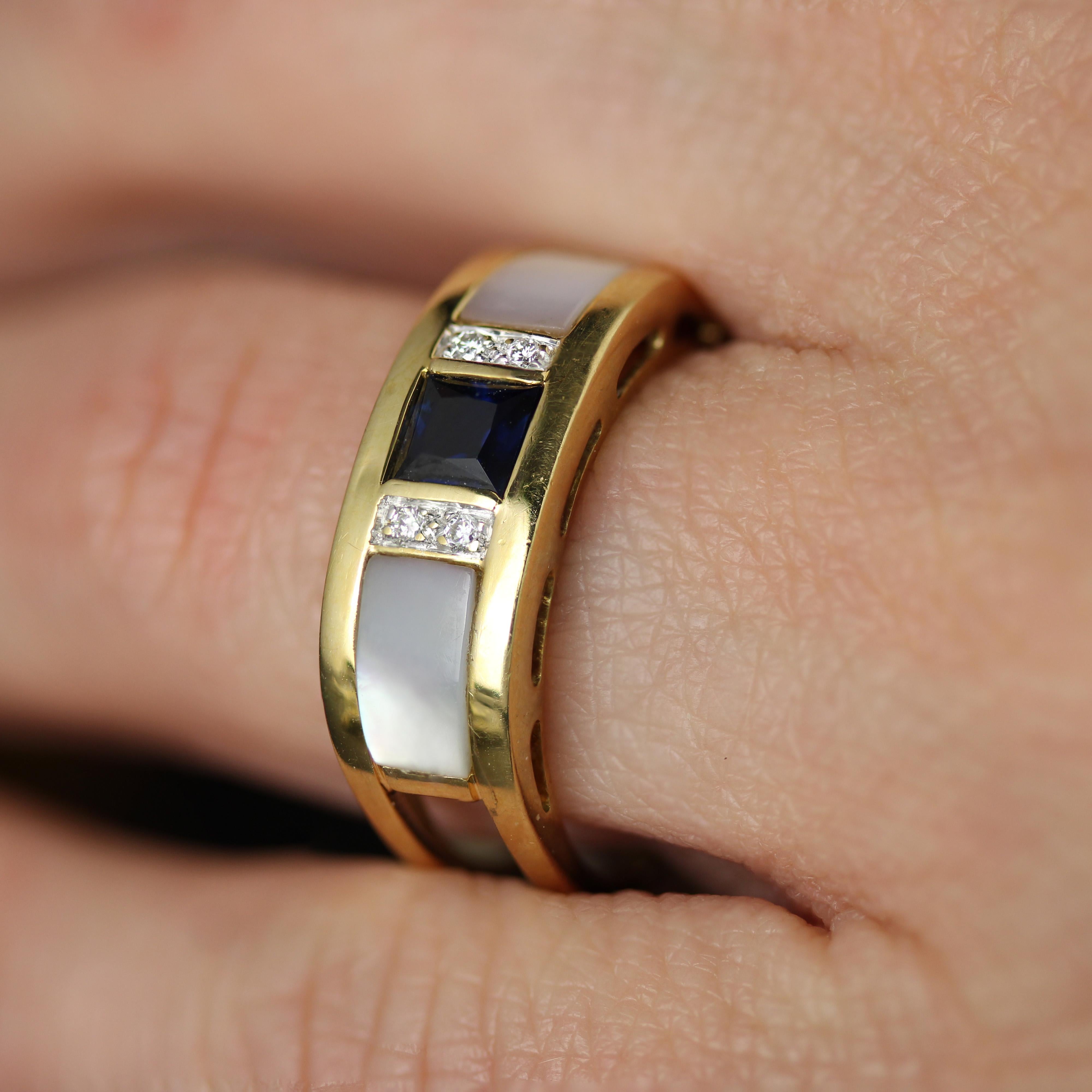 Modern Sapphire Mother of Pearl Diamonds 18 Karat Yellow Gold Bangle Ring For Sale 7