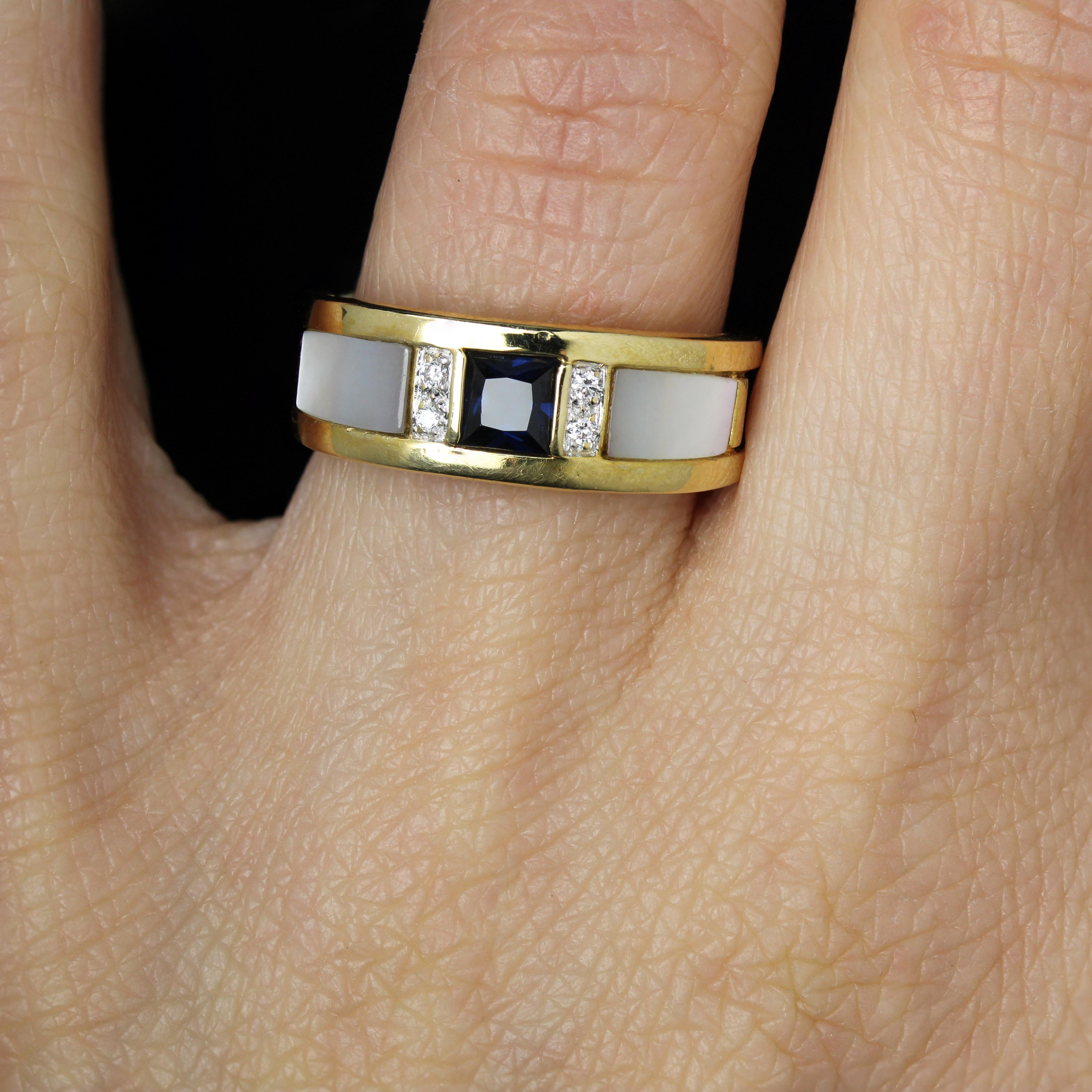 Modern Sapphire Mother of Pearl Diamonds 18 Karat Yellow Gold Bangle Ring For Sale 8