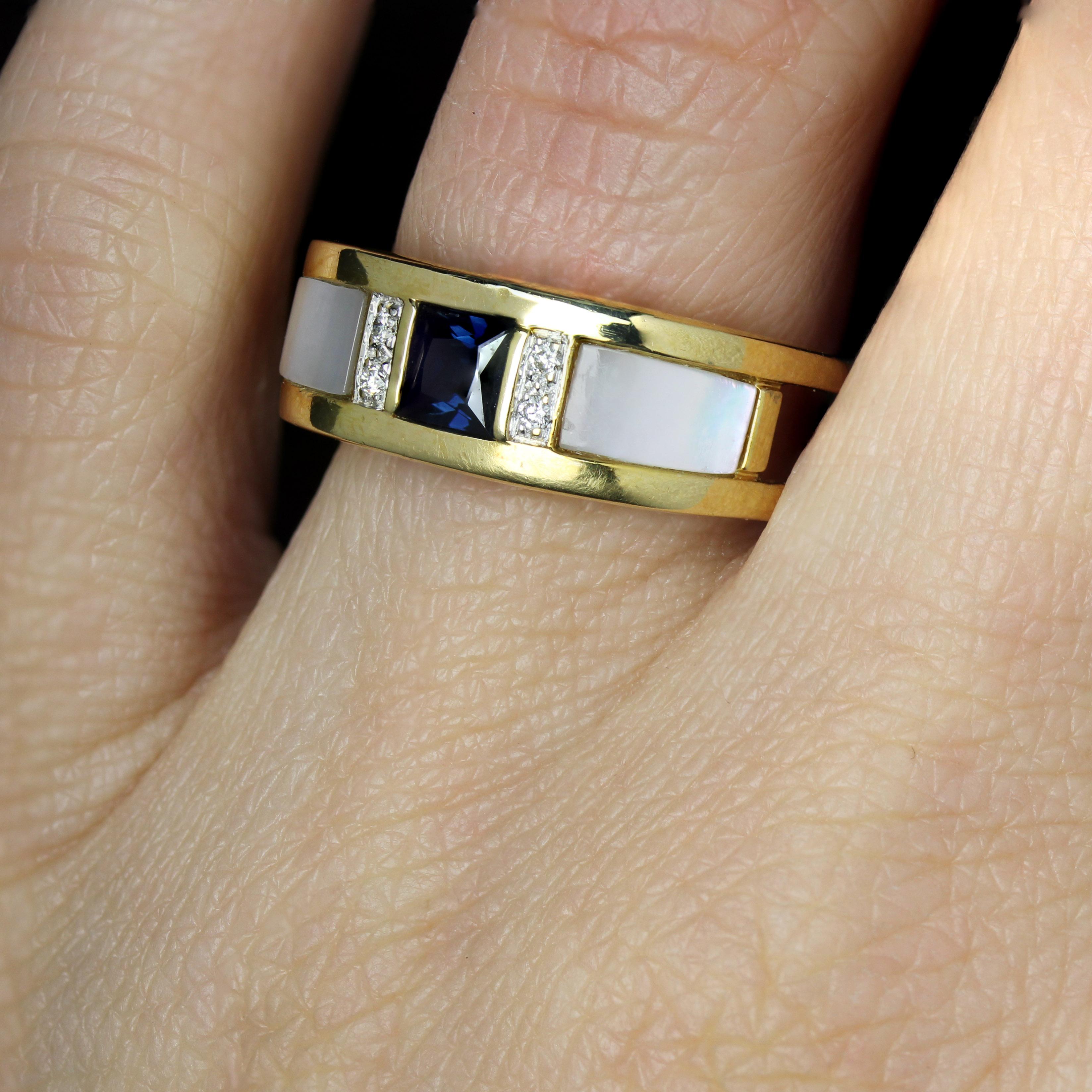 Modern Sapphire Mother of Pearl Diamonds 18 Karat Yellow Gold Bangle Ring For Sale 9