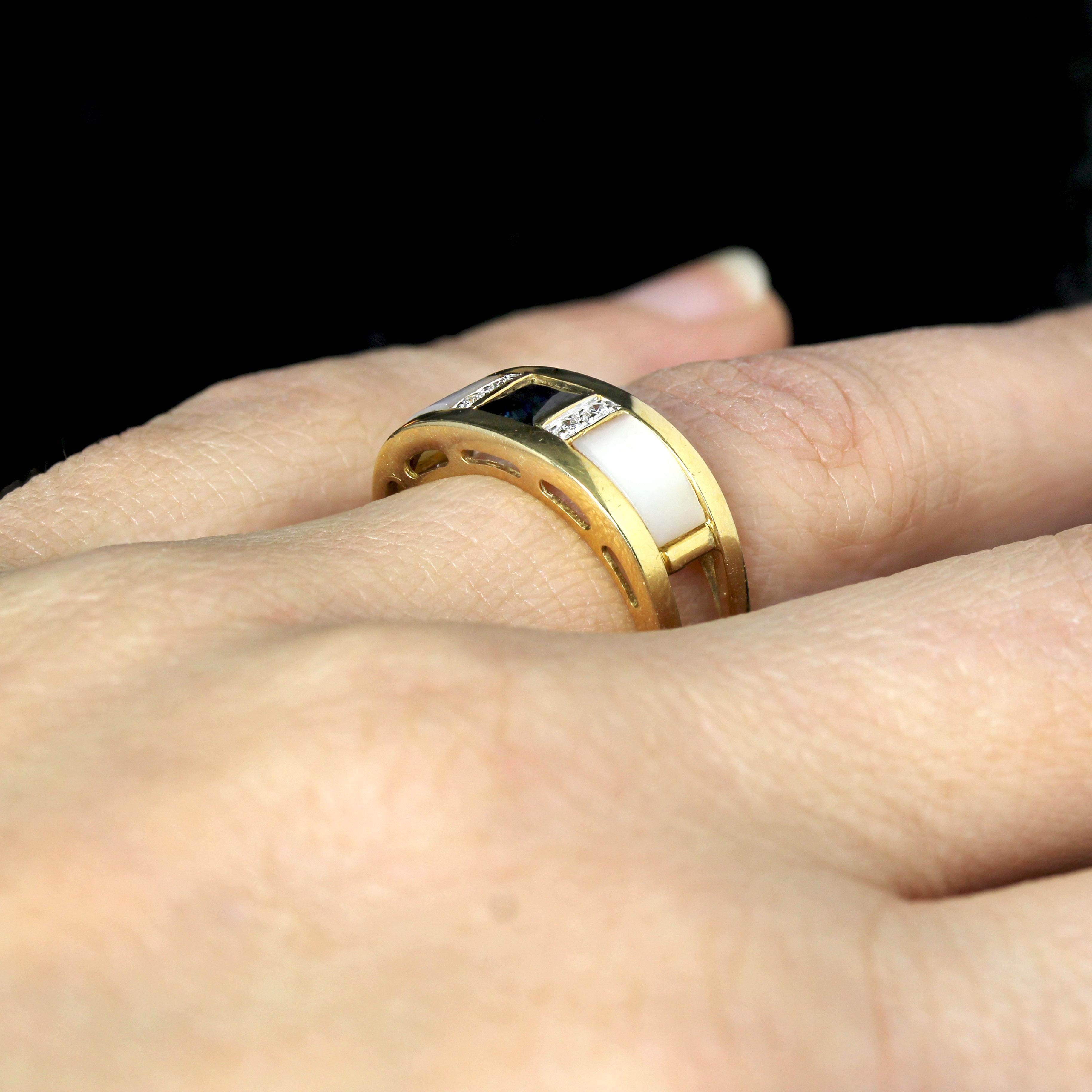 Modern Sapphire Mother of Pearl Diamonds 18 Karat Yellow Gold Bangle Ring For Sale 10
