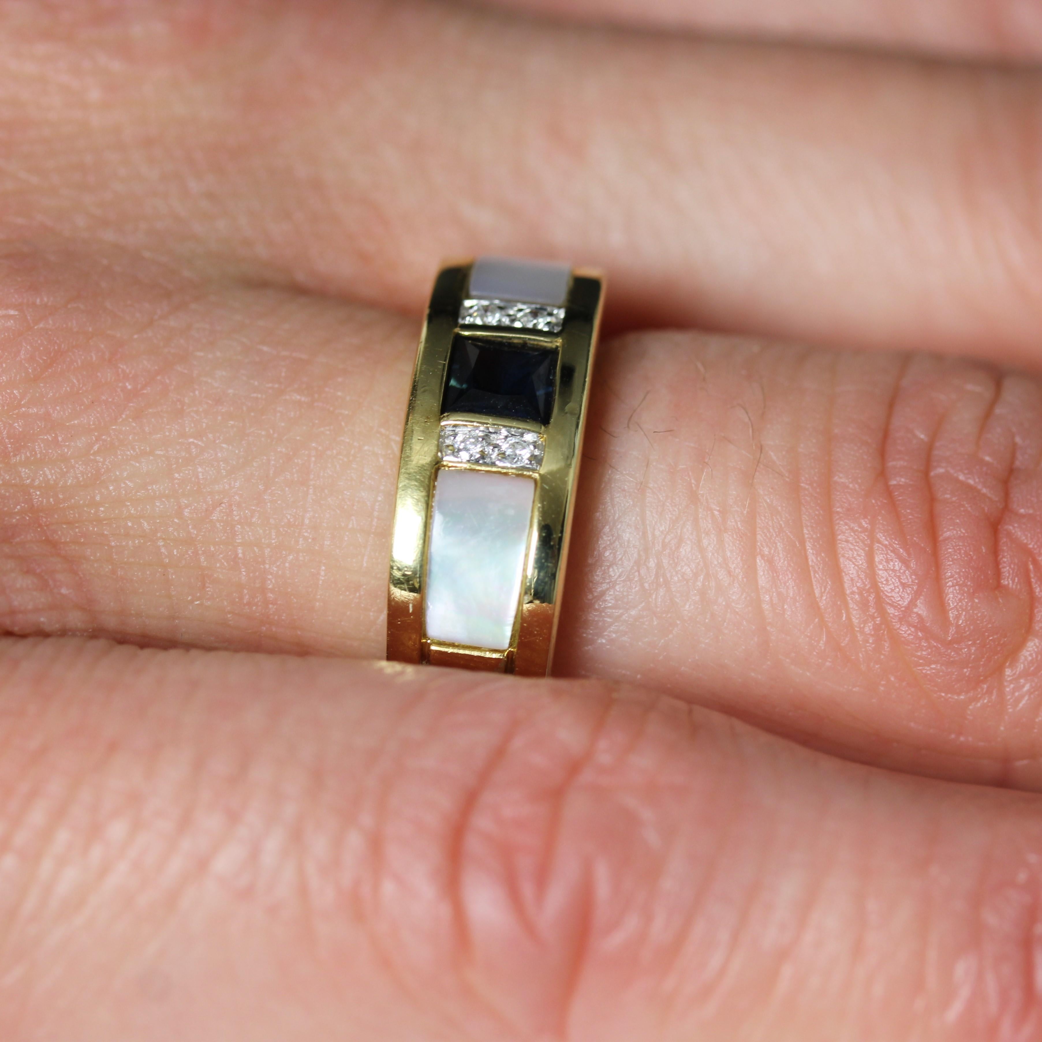 Modern Sapphire Mother of Pearl Diamonds 18 Karat Yellow Gold Bangle Ring For Sale 12