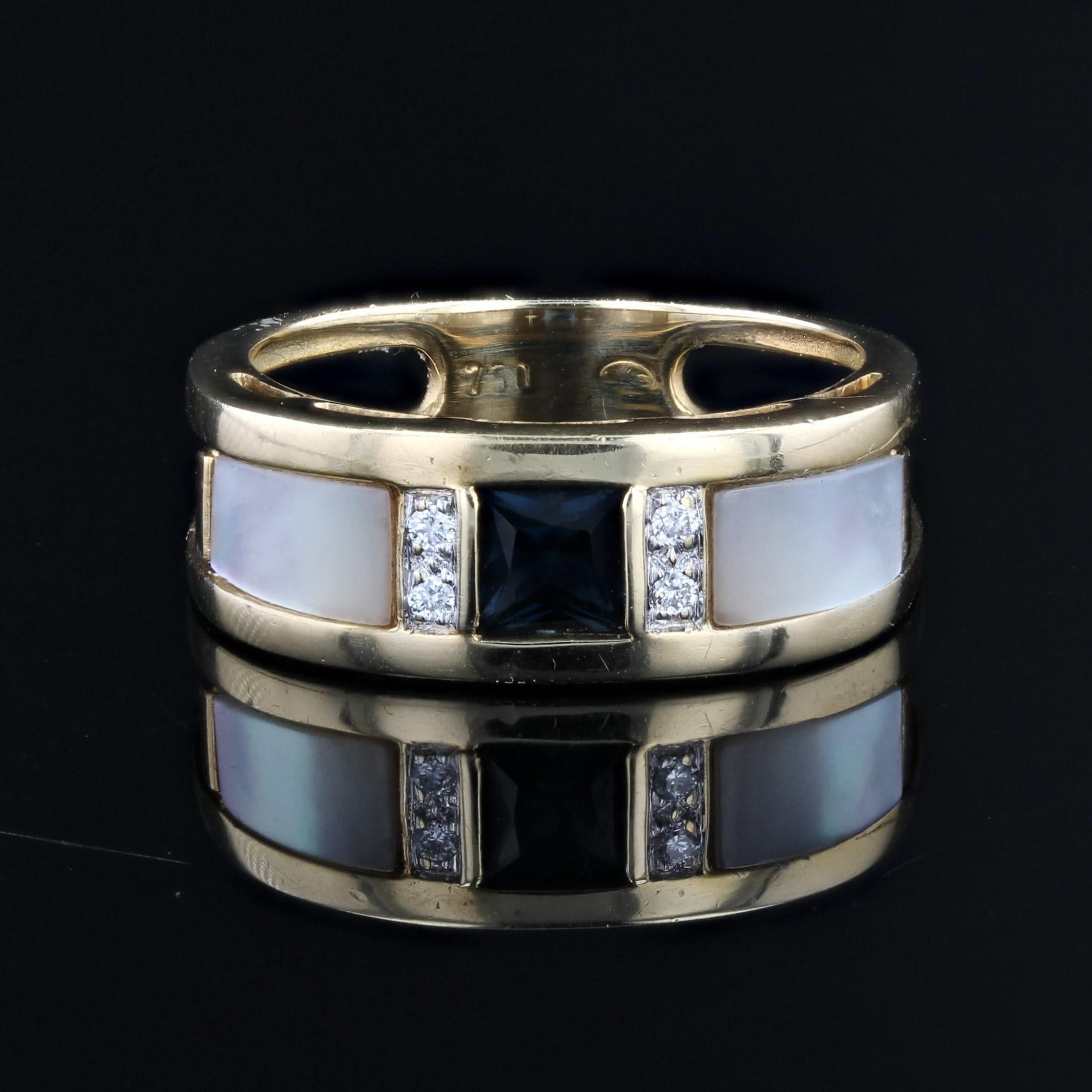 Women's Modern Sapphire Mother of Pearl Diamonds 18 Karat Yellow Gold Bangle Ring For Sale