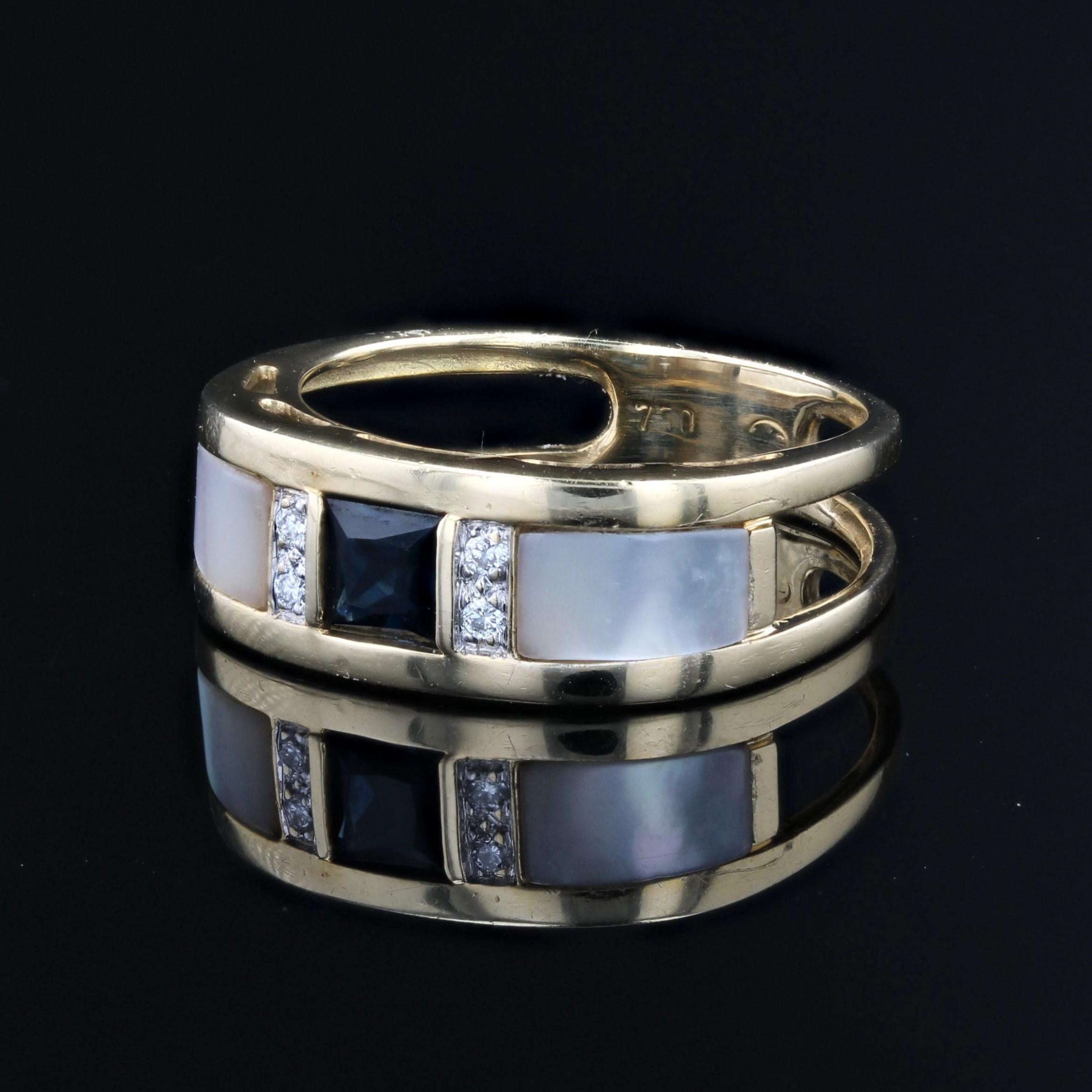 Modern Sapphire Mother of Pearl Diamonds 18 Karat Yellow Gold Bangle Ring For Sale 2