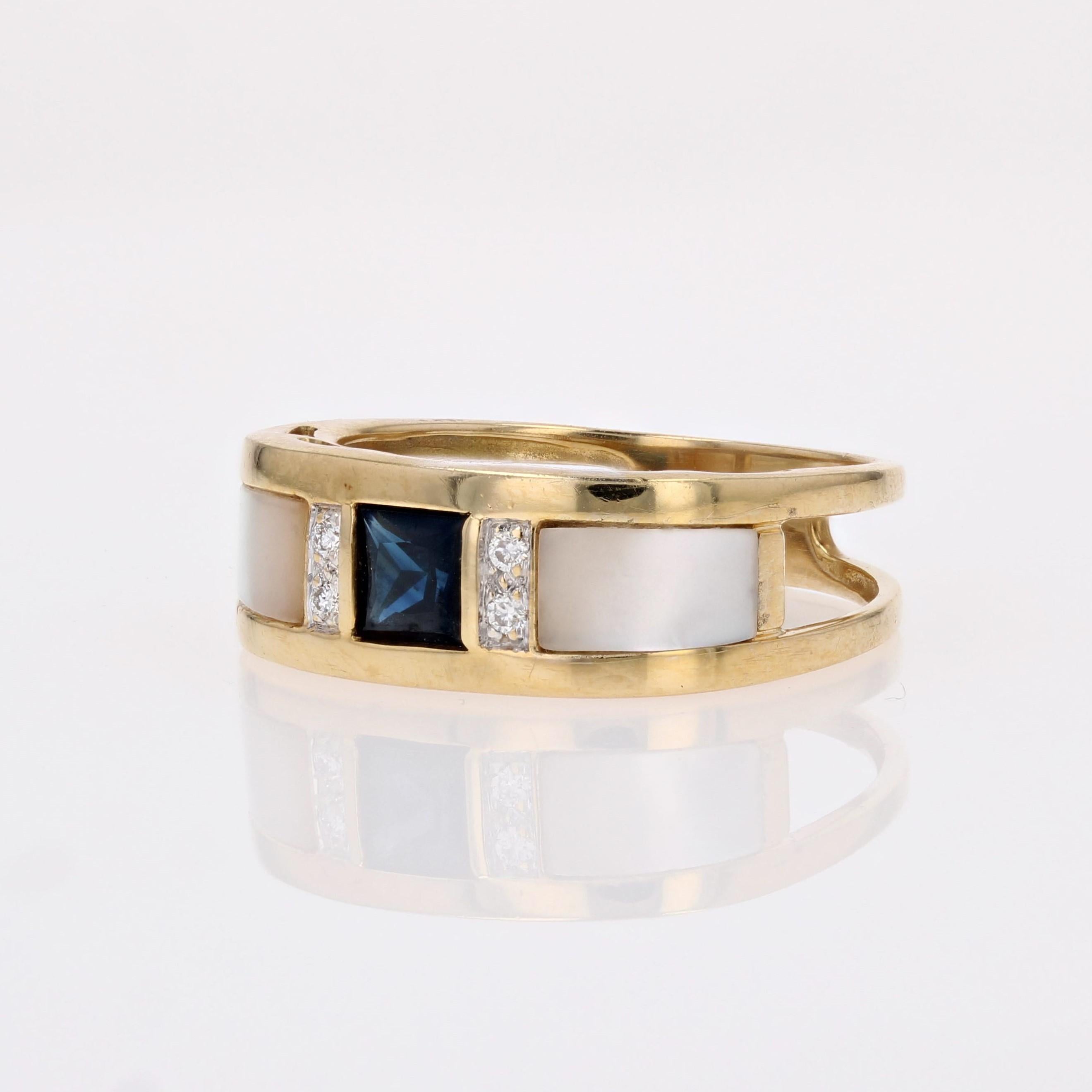 Modern Sapphire Mother of Pearl Diamonds 18 Karat Yellow Gold Bangle Ring For Sale 3