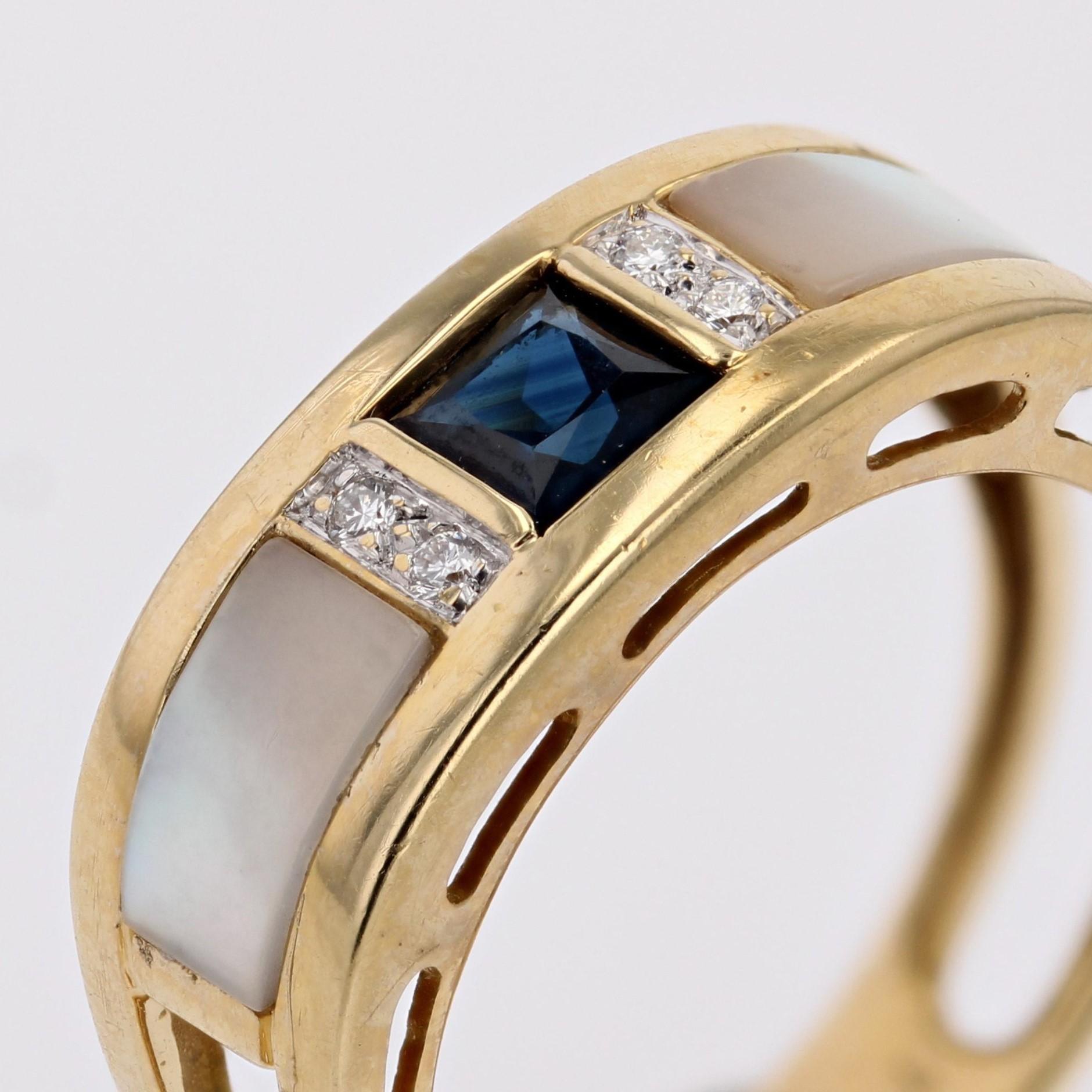 Modern Sapphire Mother of Pearl Diamonds 18 Karat Yellow Gold Bangle Ring For Sale 4
