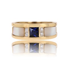 Modern Sapphire Mother of Pearl Diamonds 18 Karat Yellow Gold Bangle Ring