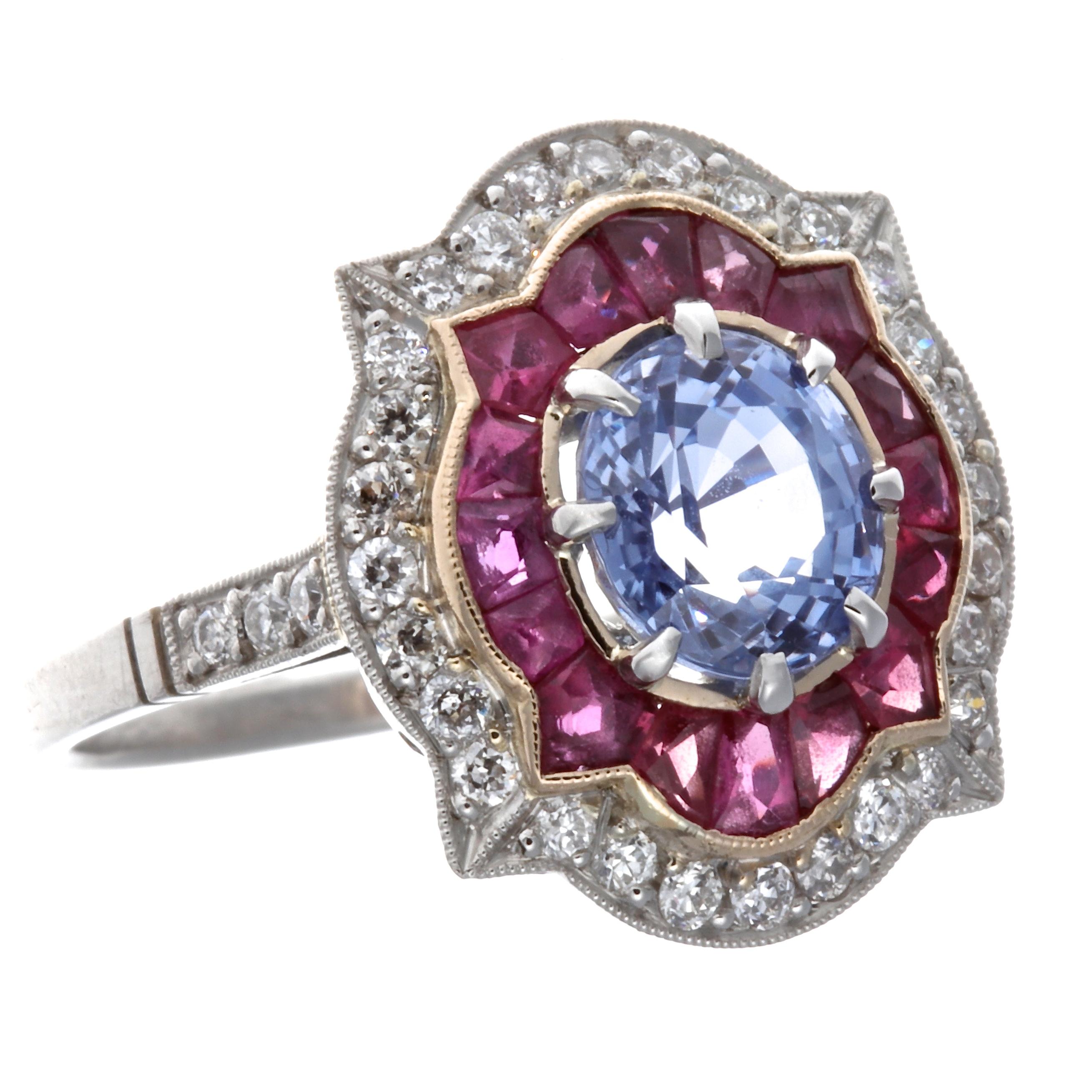 If you are graceful, fun, charming, and cultivated, this ring is a perfect reflection of your personality. The rubies, sapphires, and diamonds, all shaped differently and placed in a unique setting truly represent someone who has a lot to offer.