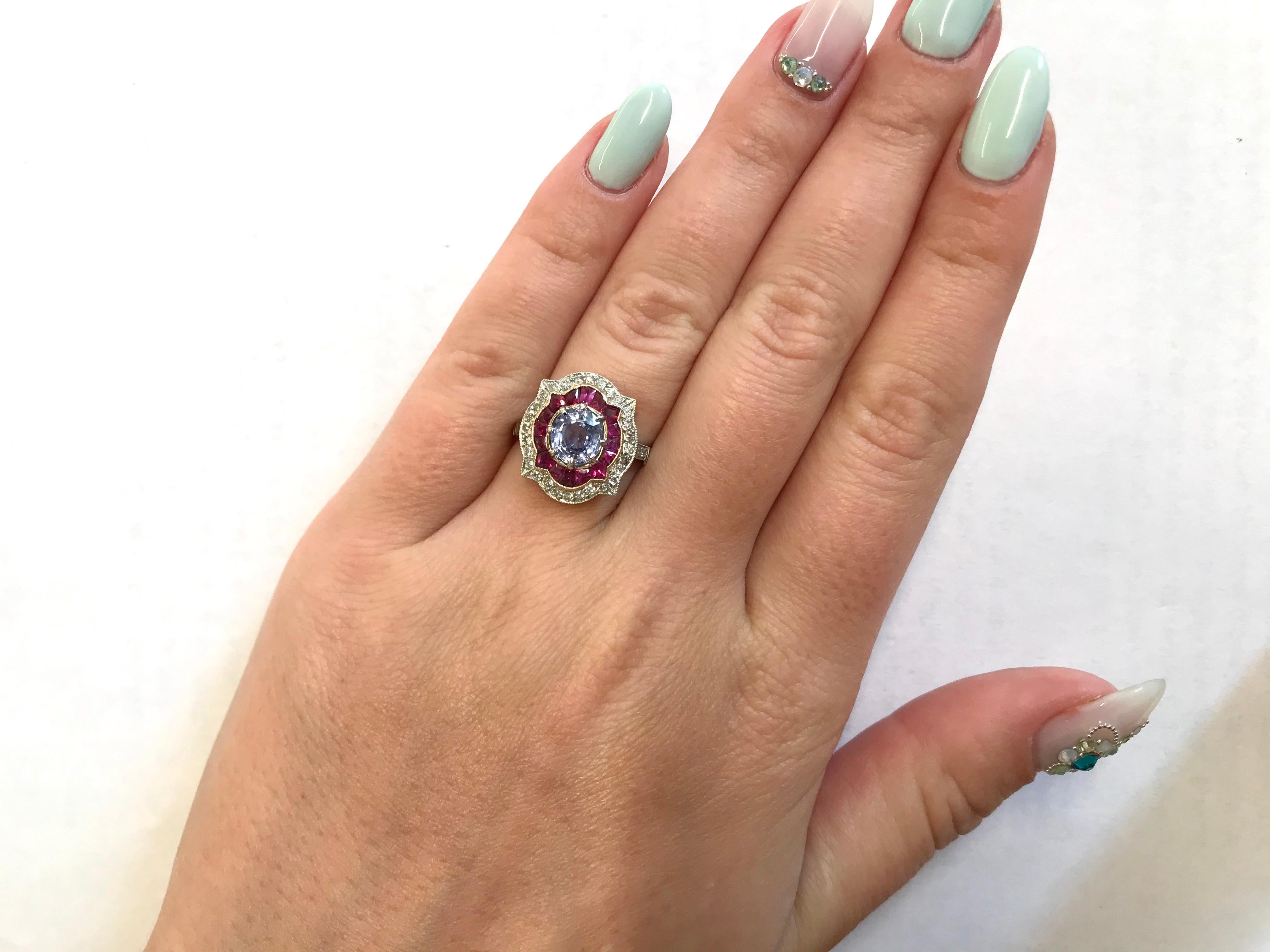 Oval Cut Modern Sapphire Ruby Diamond Platinum Ring