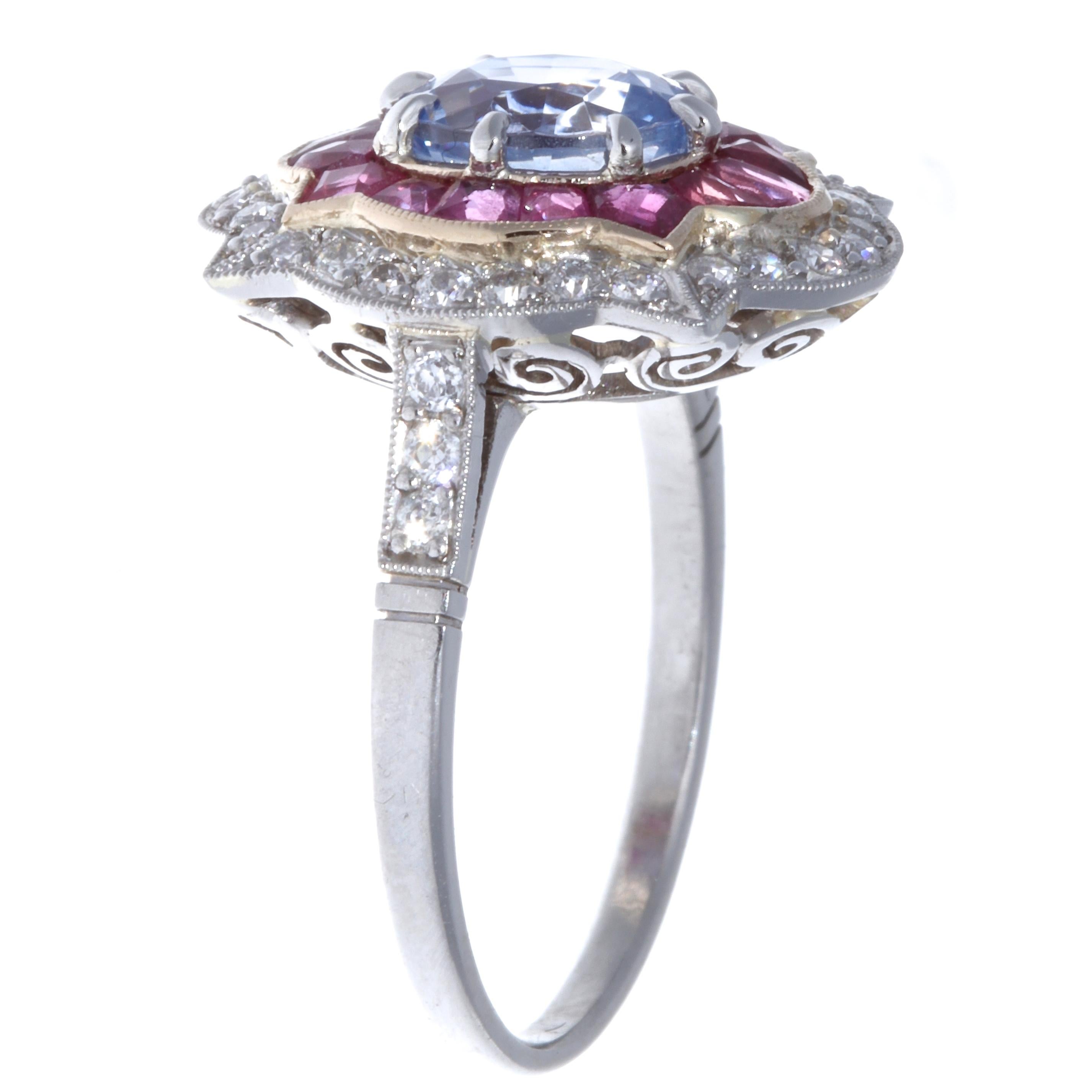 Modern Sapphire Ruby Diamond Platinum Ring In Excellent Condition In Beverly Hills, CA