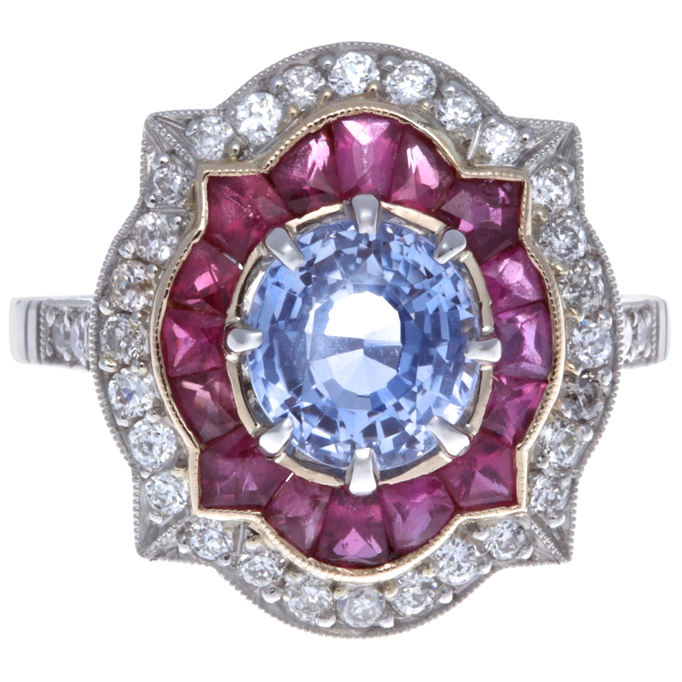 Modern Sapphire Ruby Diamond Platinum Ring