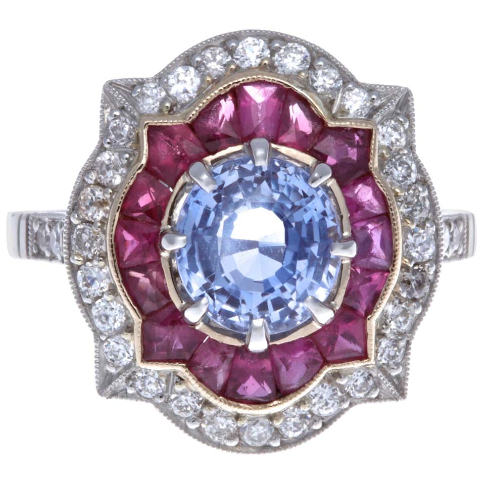 Modern Sapphire Ruby Diamond Platinum Ring at 1stDibs