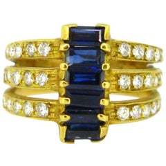 Modern Sapphires and Diamonds Three Bands Yellow Gold Ring