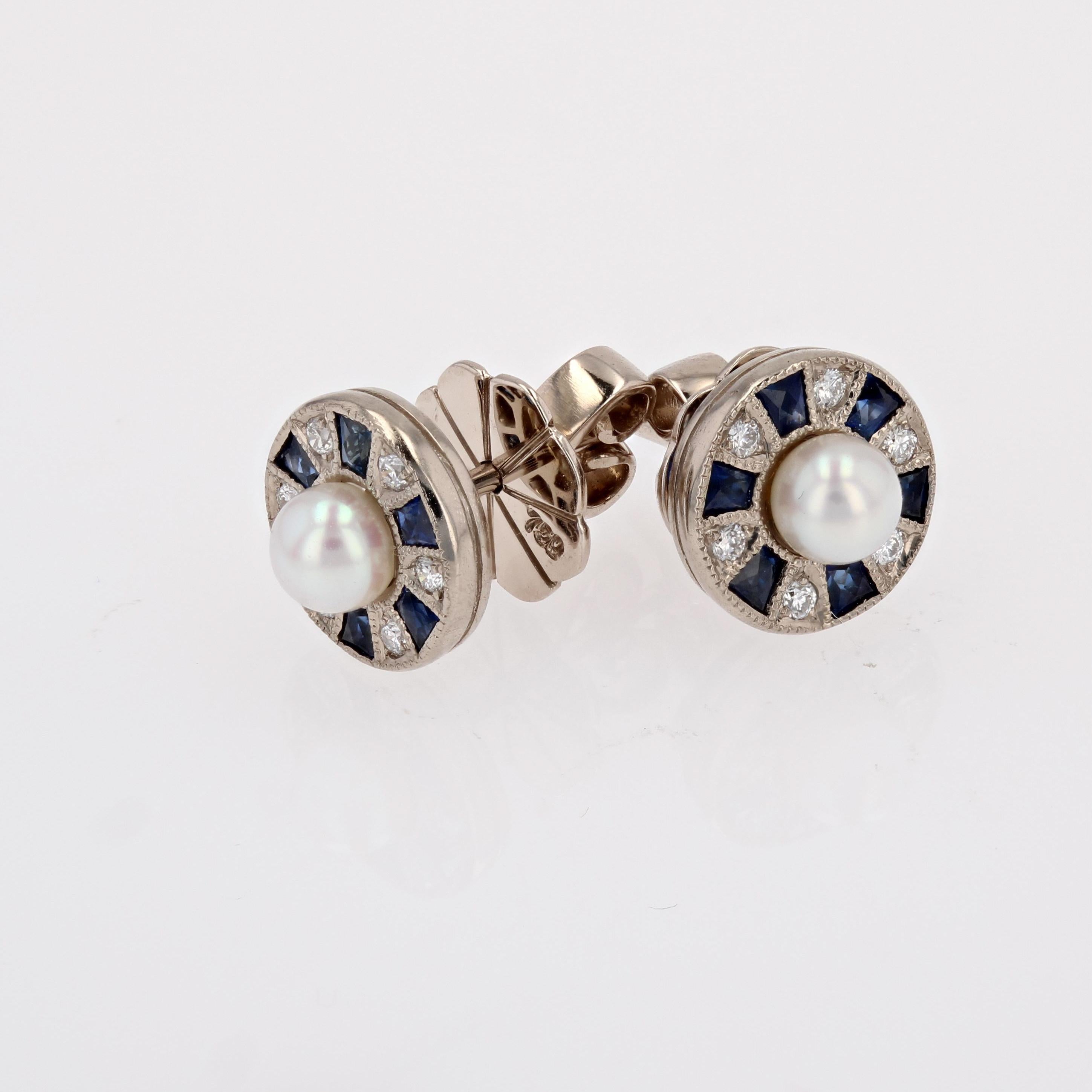 Art Deco Modern Sappires Diamonds Cultured Pearl 18 Karat White Gold Stud Earrings For Sale