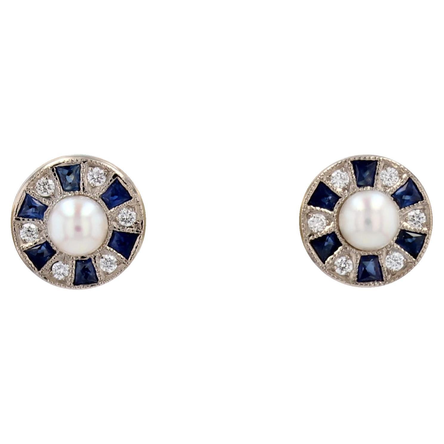 Modern Sappires Diamonds Cultured Pearl 18 Karat White Gold Stud Earrings For Sale
