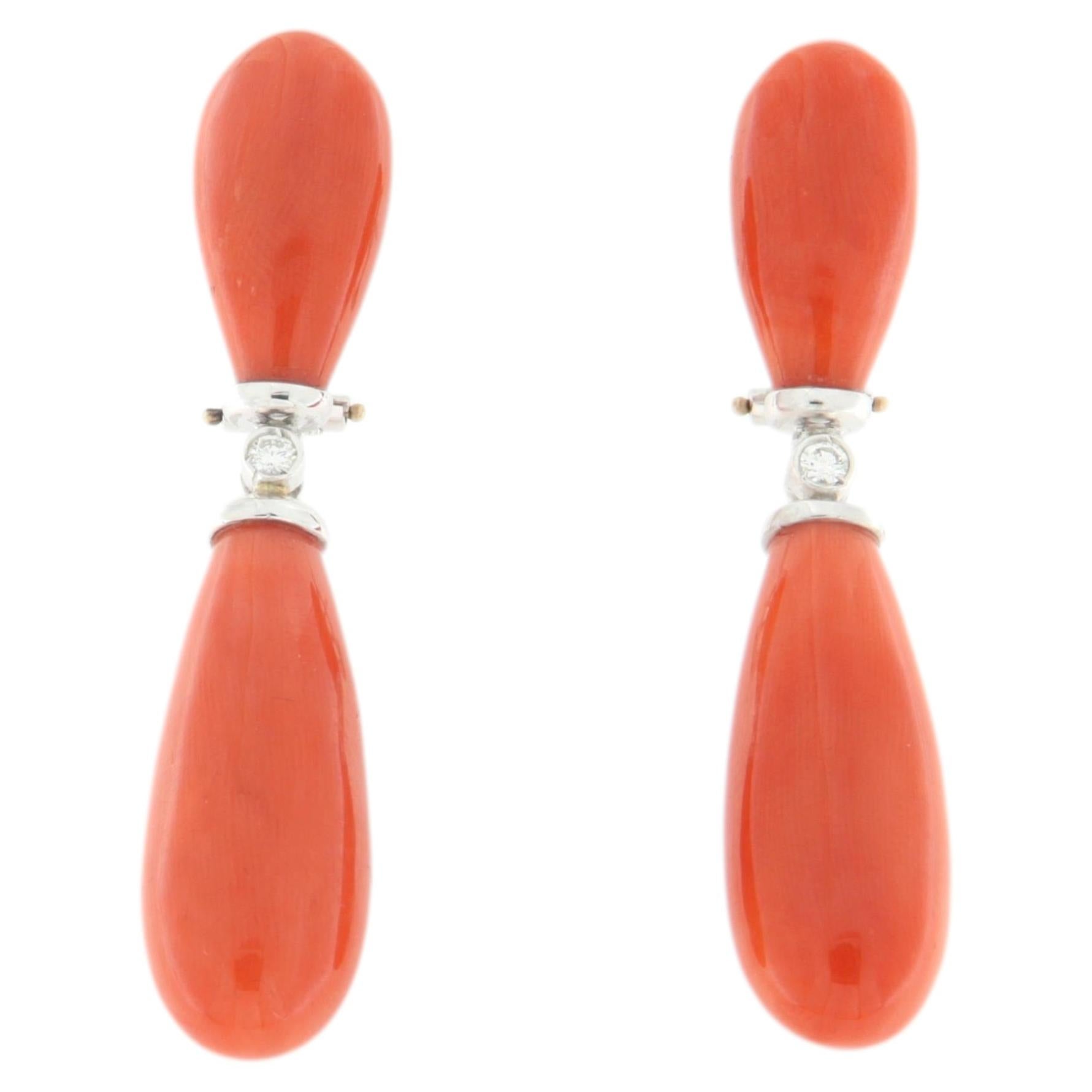 Modern Sardinian Coral Natural Diamond 18K White Gold Drop Earrings, Bezel Set