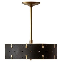 Modern Satin Brass Sarah Ceiling Fixture in Black Leather - 14"