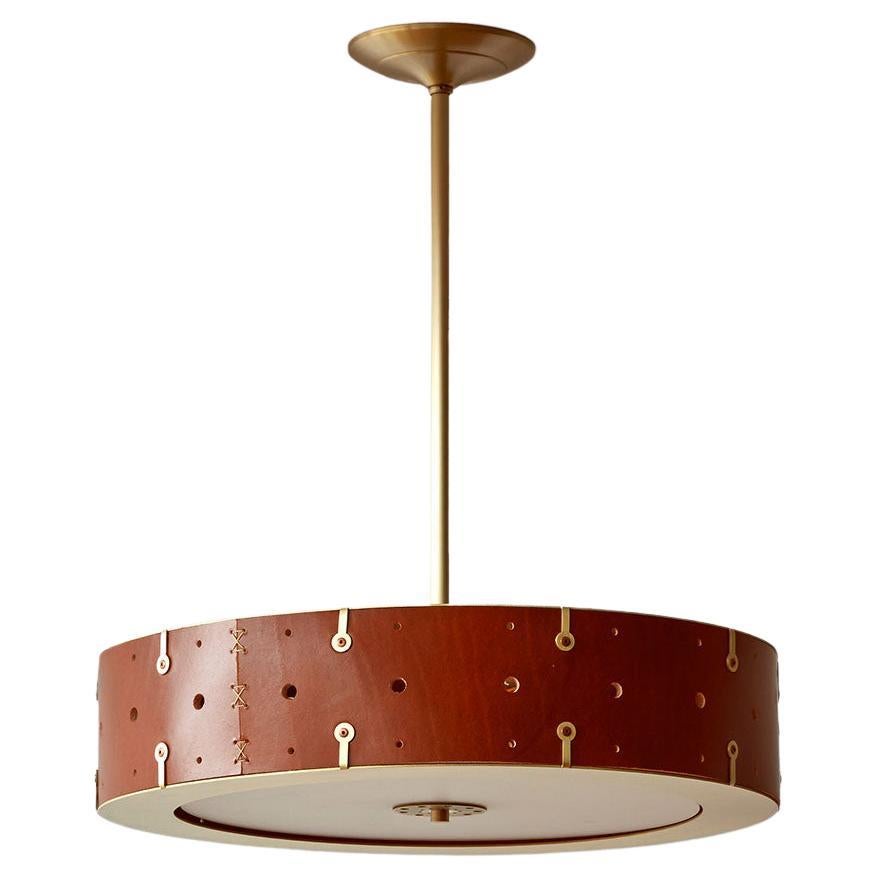 Modern Satin Brass Sarah Ceiling Pendant in Tan Leather 18" Drum For Sale