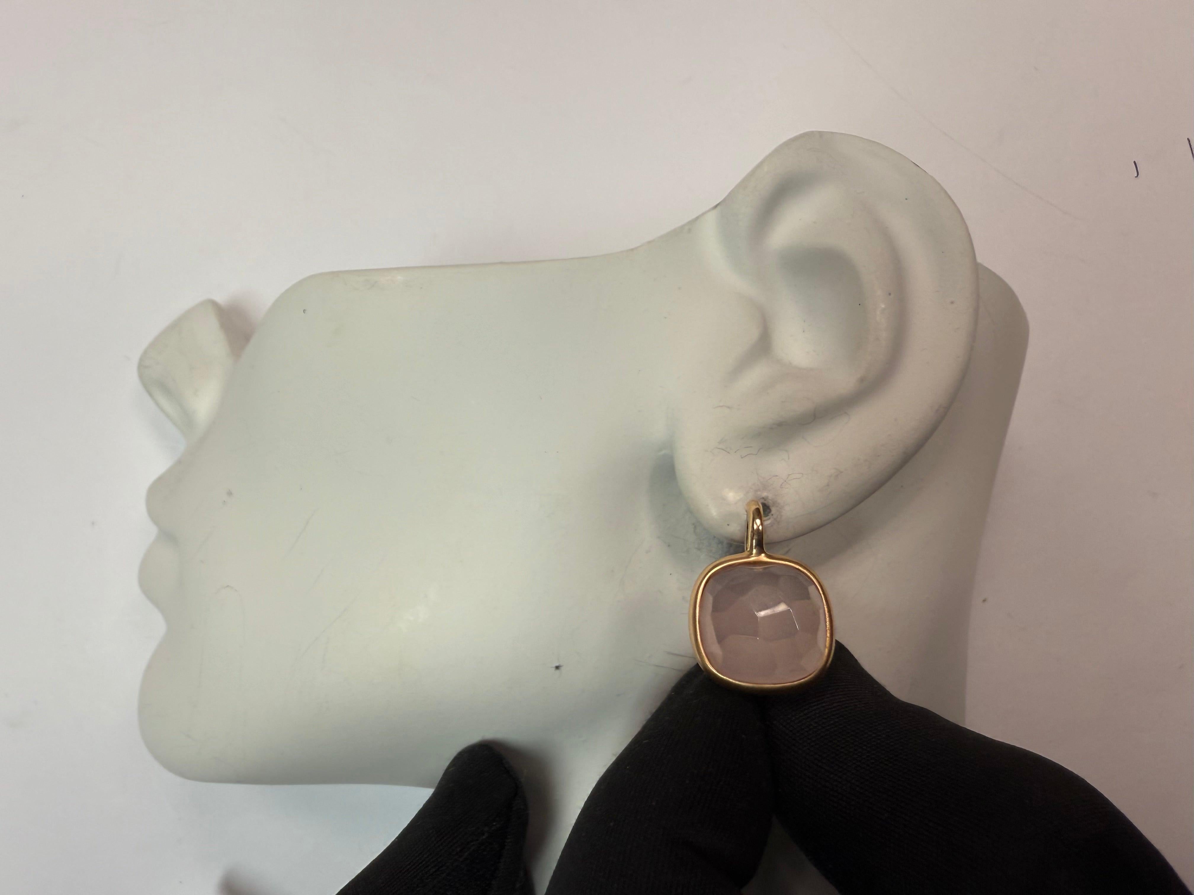Cushion Cut Modern Satin Gold Rose Quartz Statement Earrings, Made in Italy For Sale