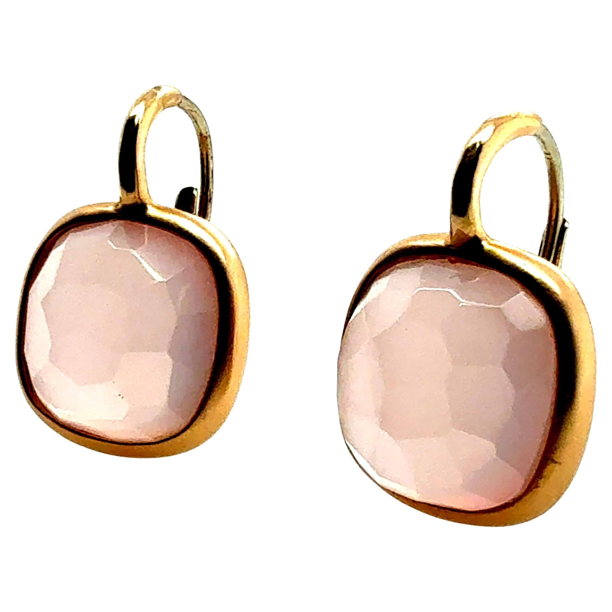 Modern Satin Gold Rose Quartz Statement Earrings, Made in Italy For Sale