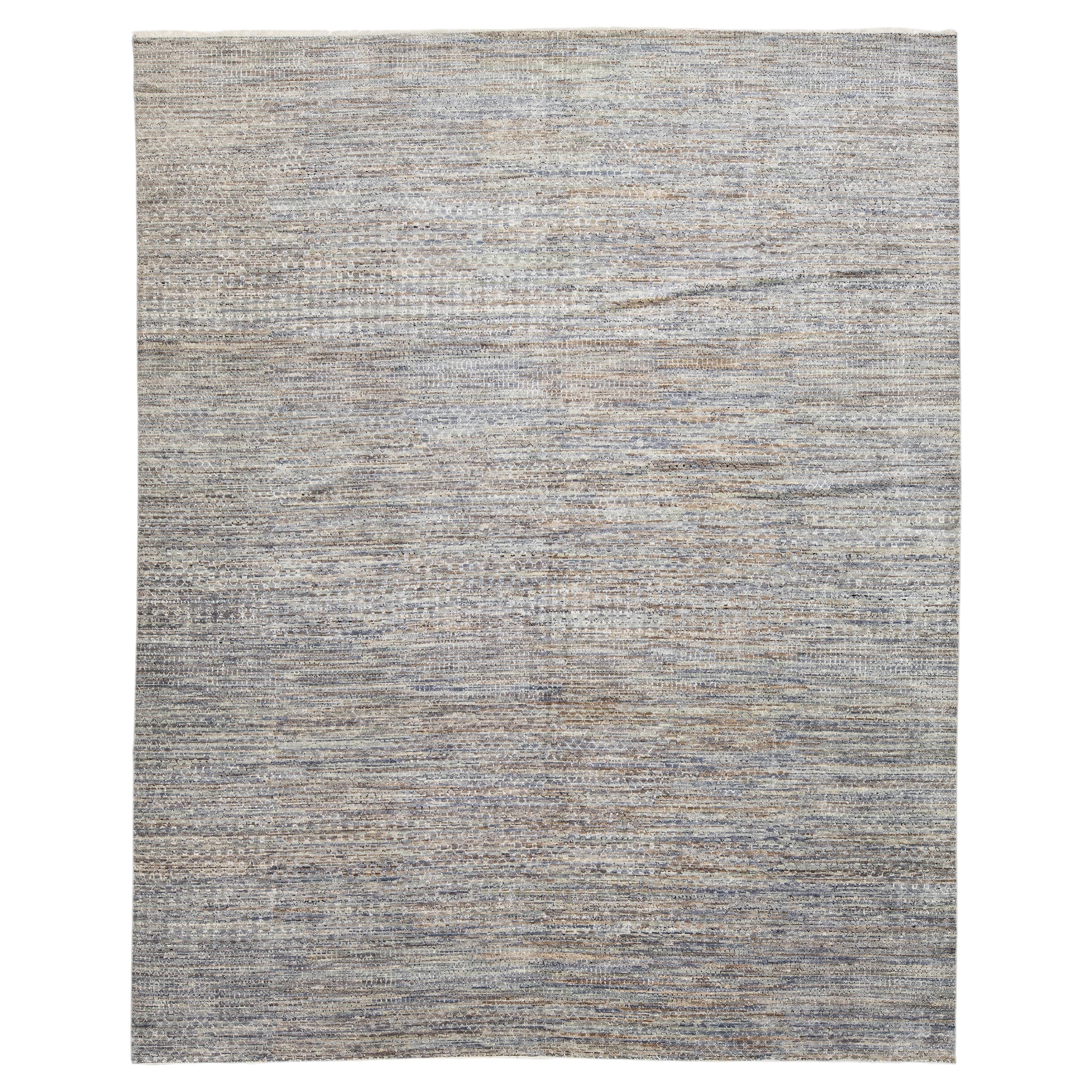 Modern Savannah Hand-Knotted Indian Wool Area Rug 12x15 In Slate Blue and Grey