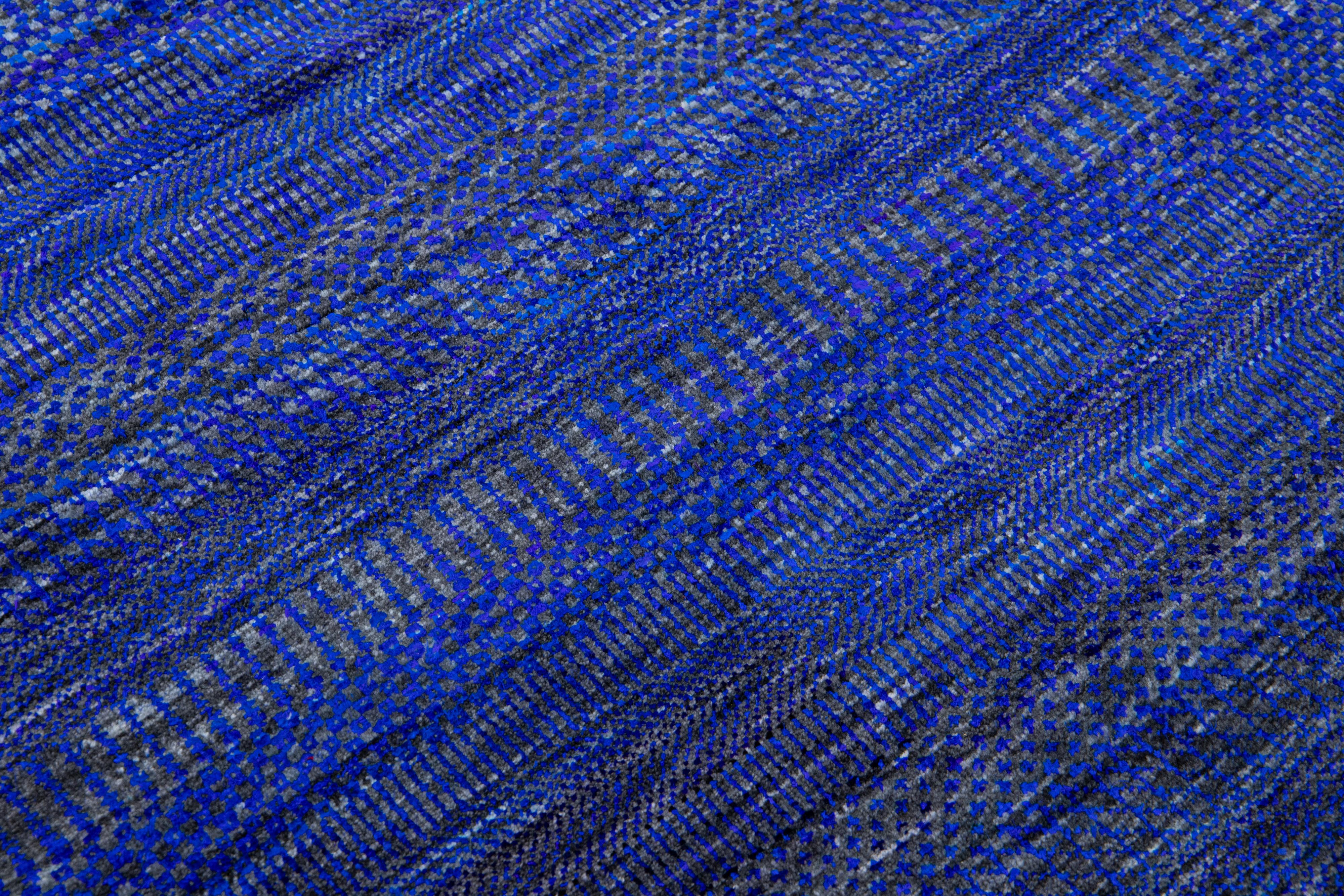 Modern Savannah Handmade Blue Geometric Square Wool Rug For Sale 4