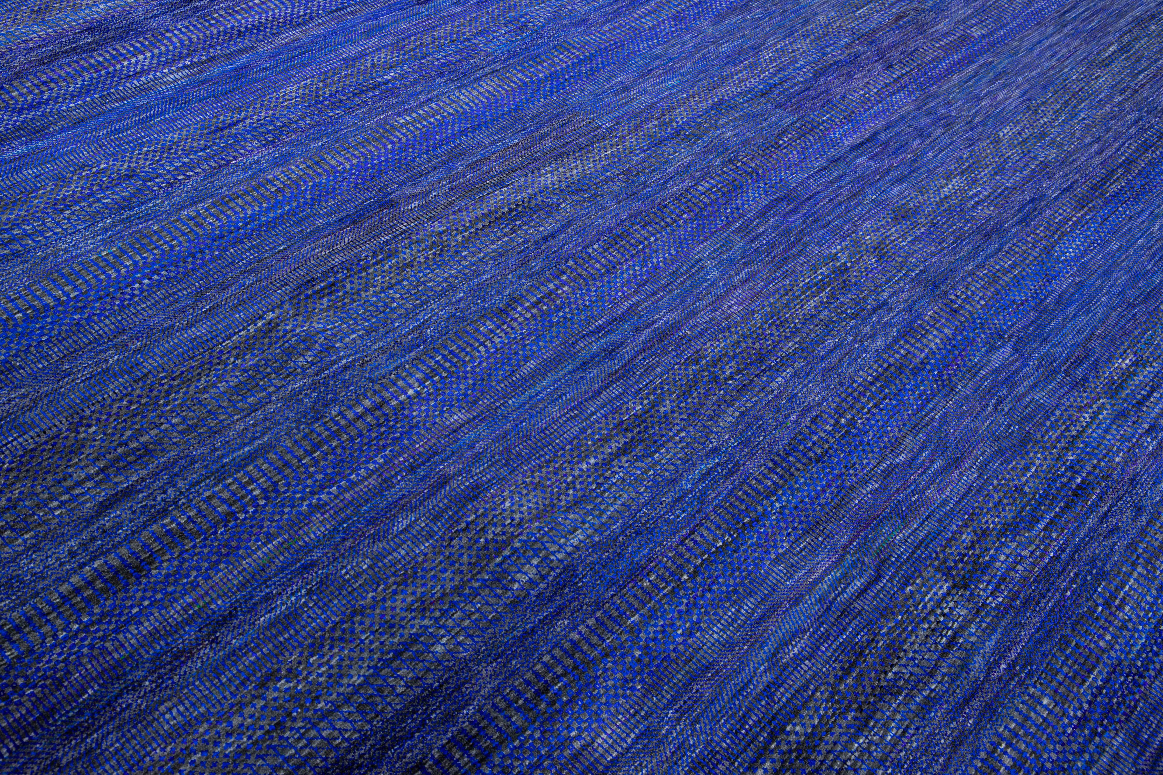 Modern Savannah Handmade Blue Geometric Square Wool Rug For Sale 5