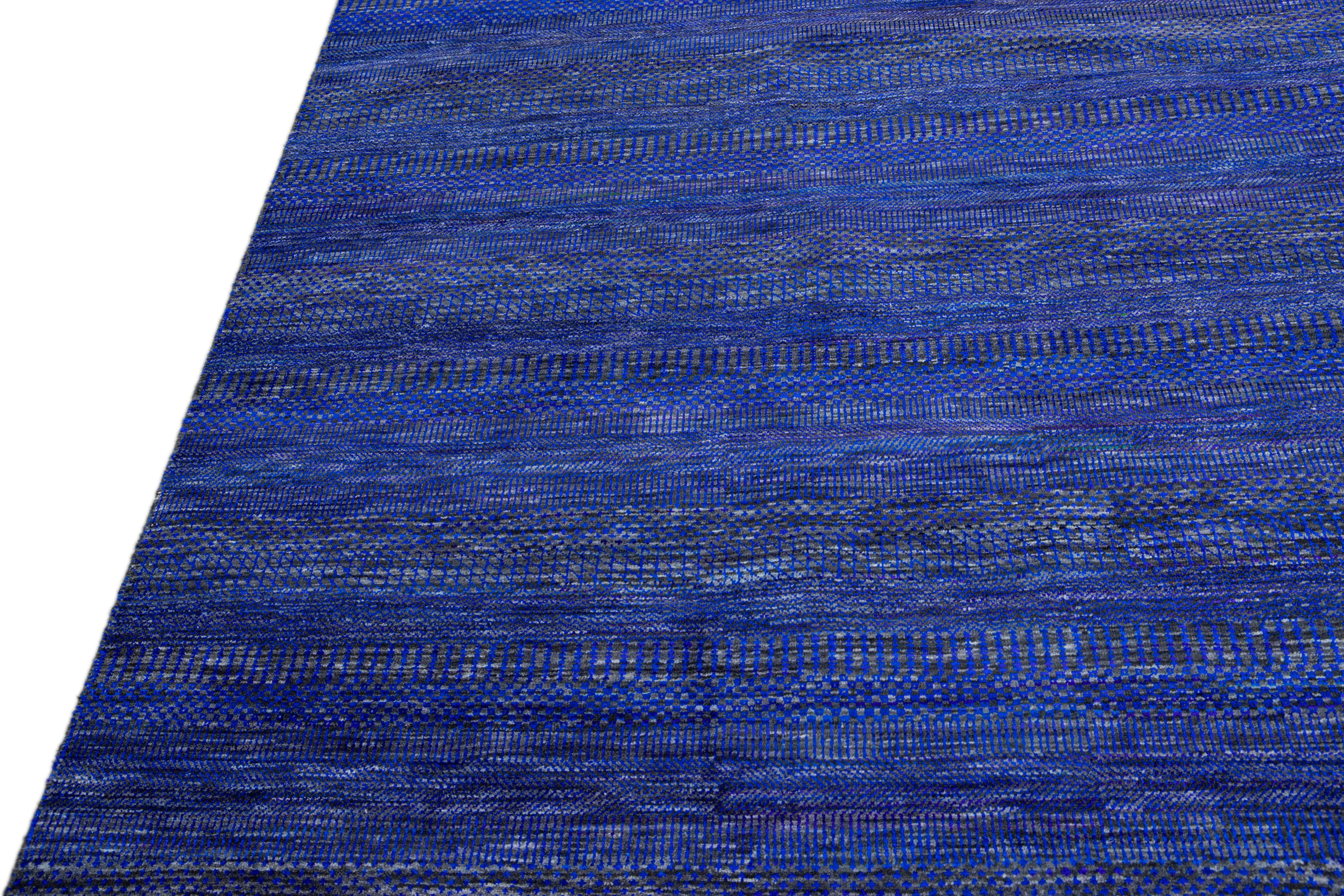 Modern Savannah Handmade Blue Geometric Square Wool Rug For Sale 6
