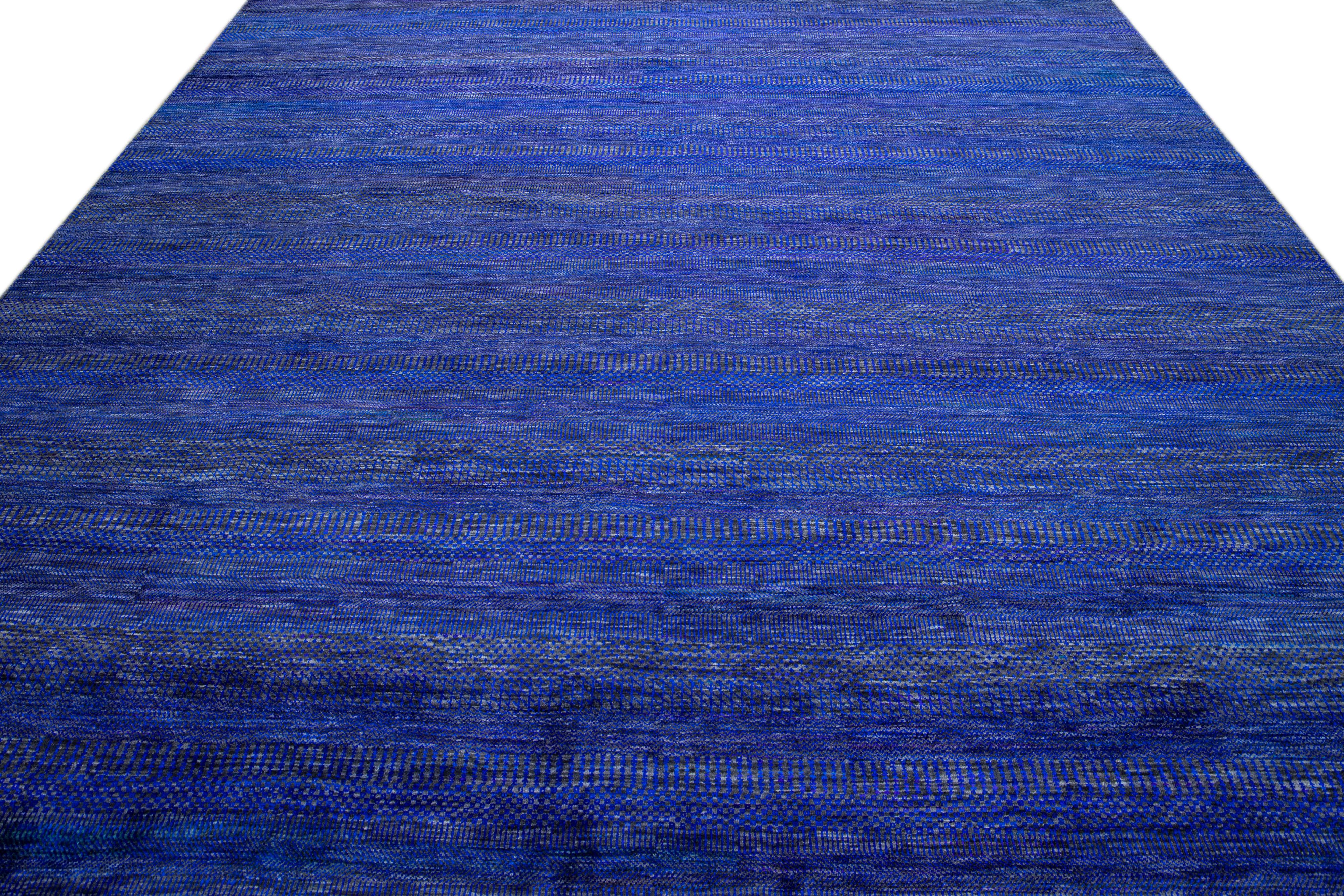 Indian Modern Savannah Handmade Blue Geometric Square Wool Rug For Sale