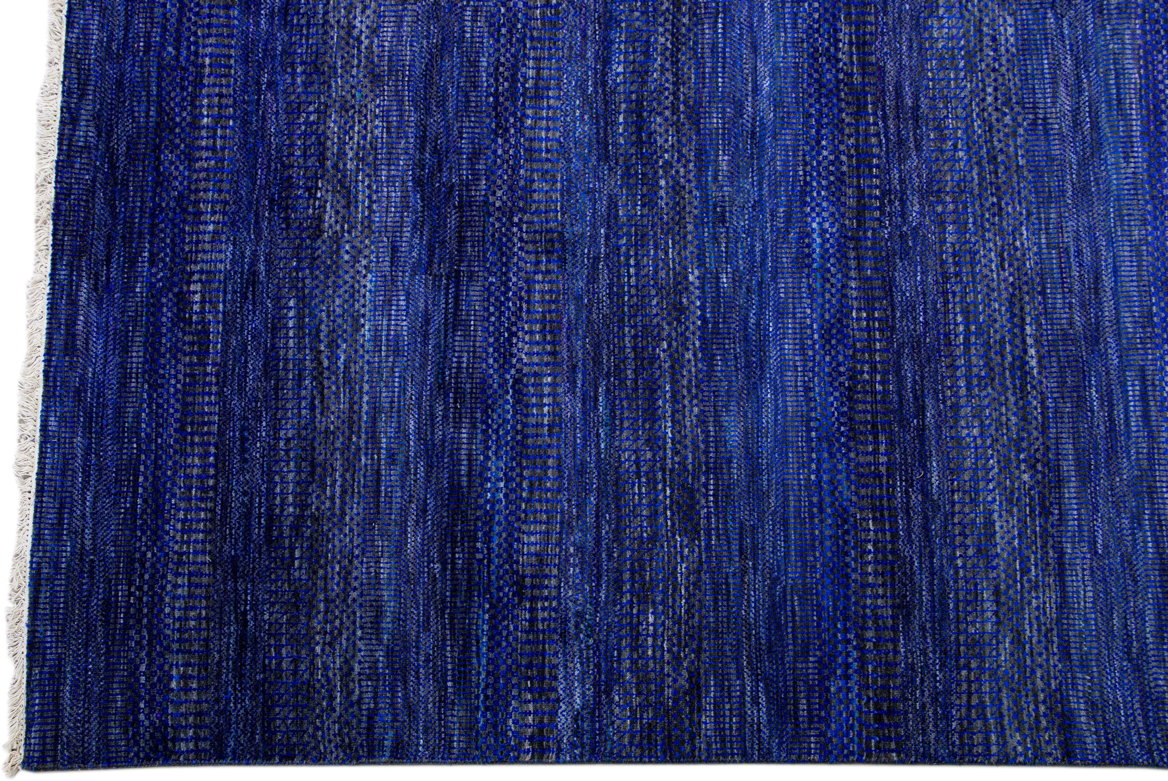 Hand-Knotted Modern Savannah Handmade Blue Geometric Square Wool Rug For Sale