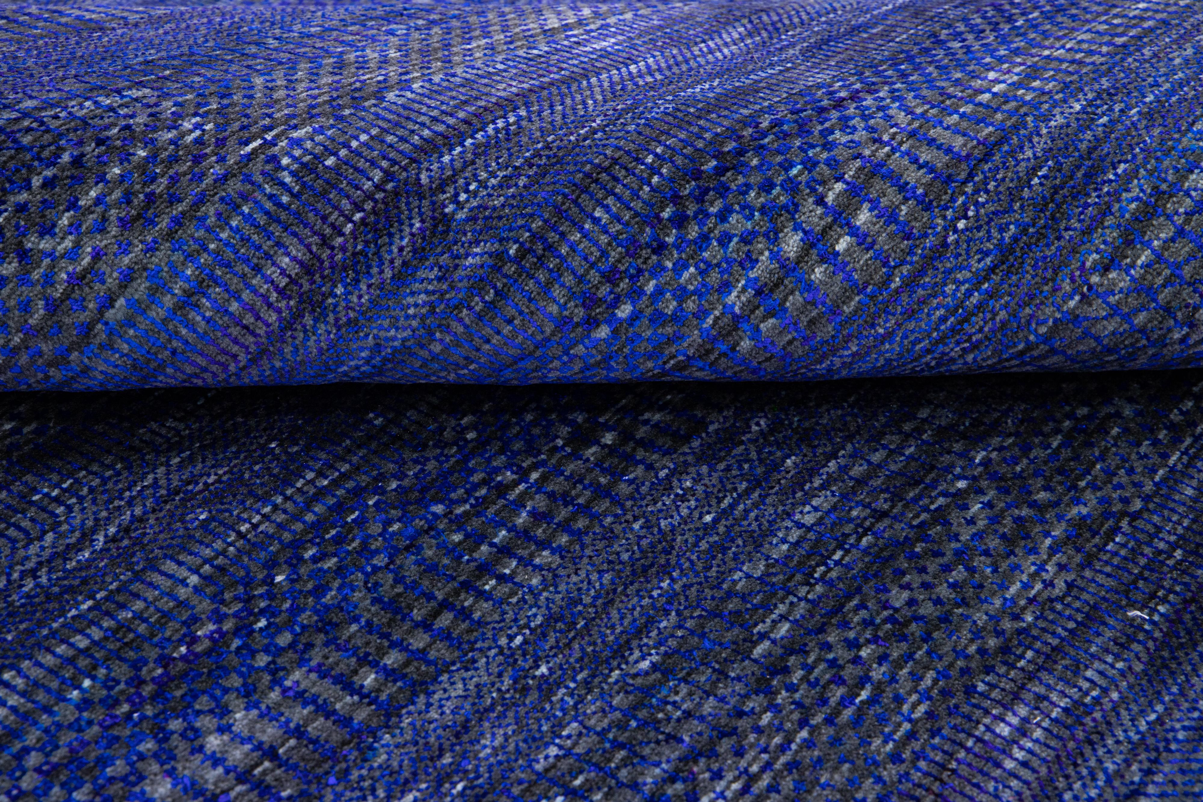 Contemporary Modern Savannah Handmade Blue Geometric Square Wool Rug For Sale