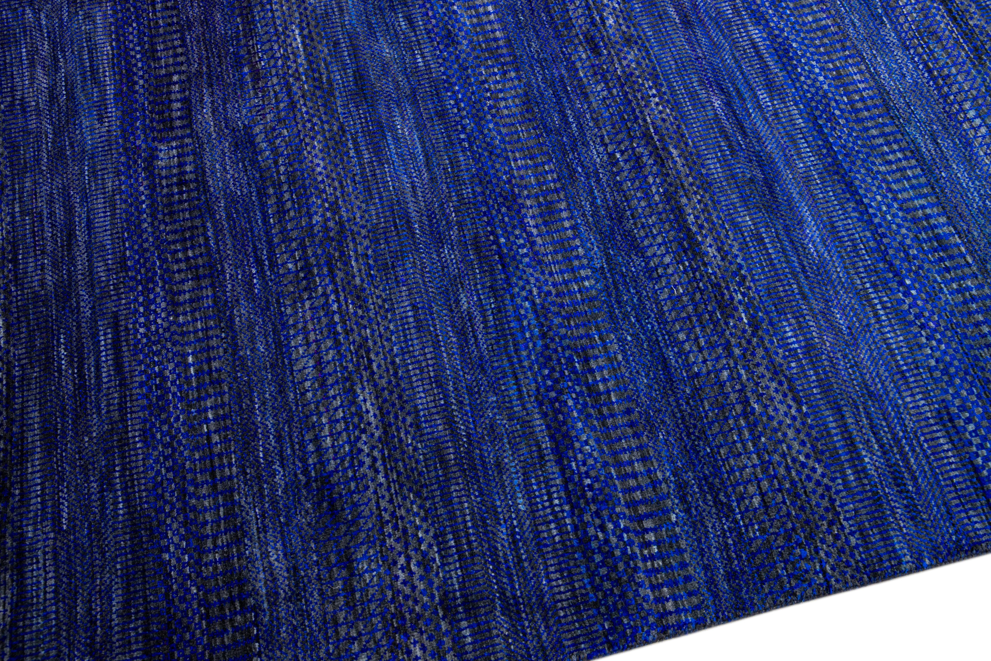 Modern Savannah Handmade Blue Geometric Square Wool Rug For Sale 1
