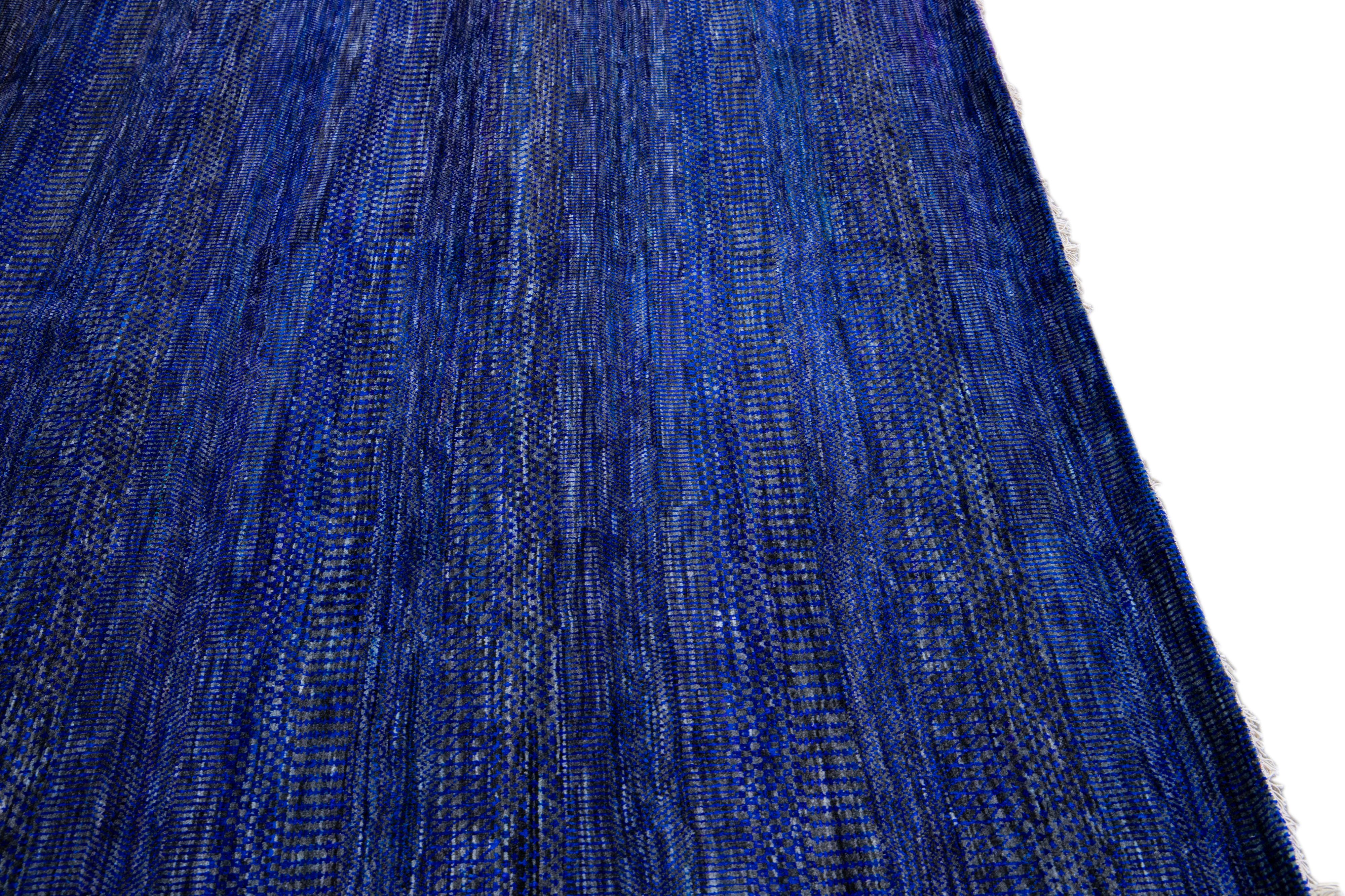 Modern Savannah Handmade Blue Geometric Square Wool Rug For Sale 3