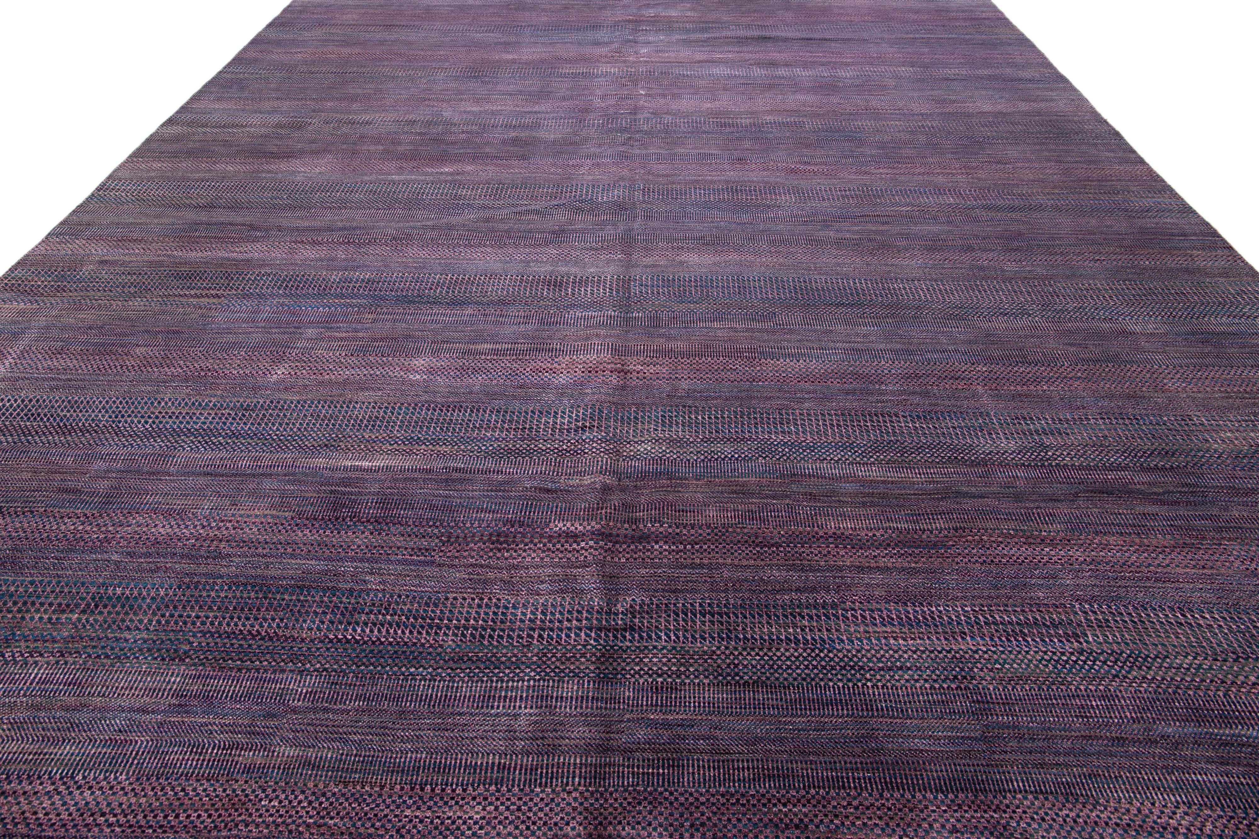 Indian Modern Savannah Handmade Purple Designed Oversize Wool Rug For Sale