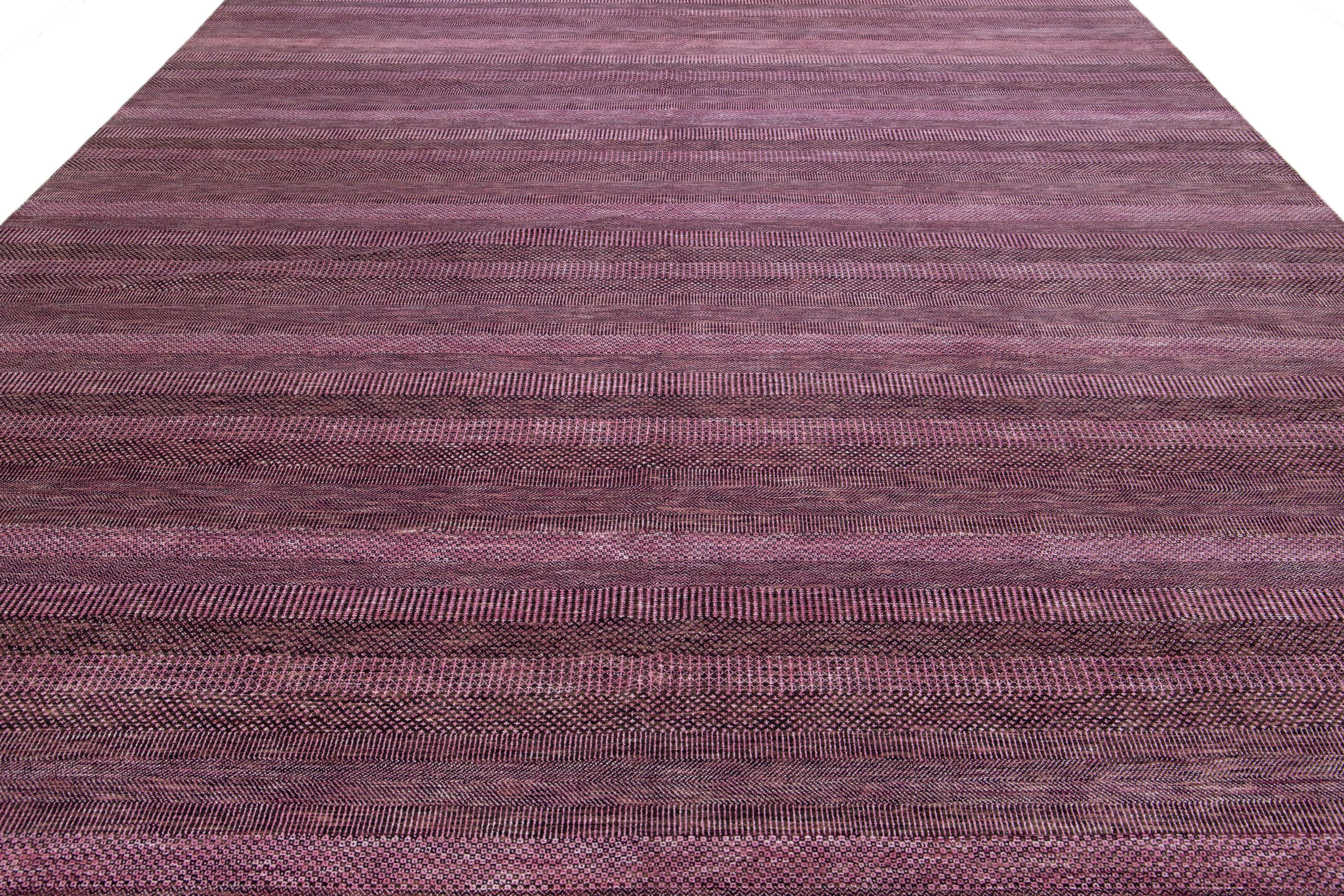 Indian Modern Savannah Handmade Purple Wool Rug with Geometric Design For Sale