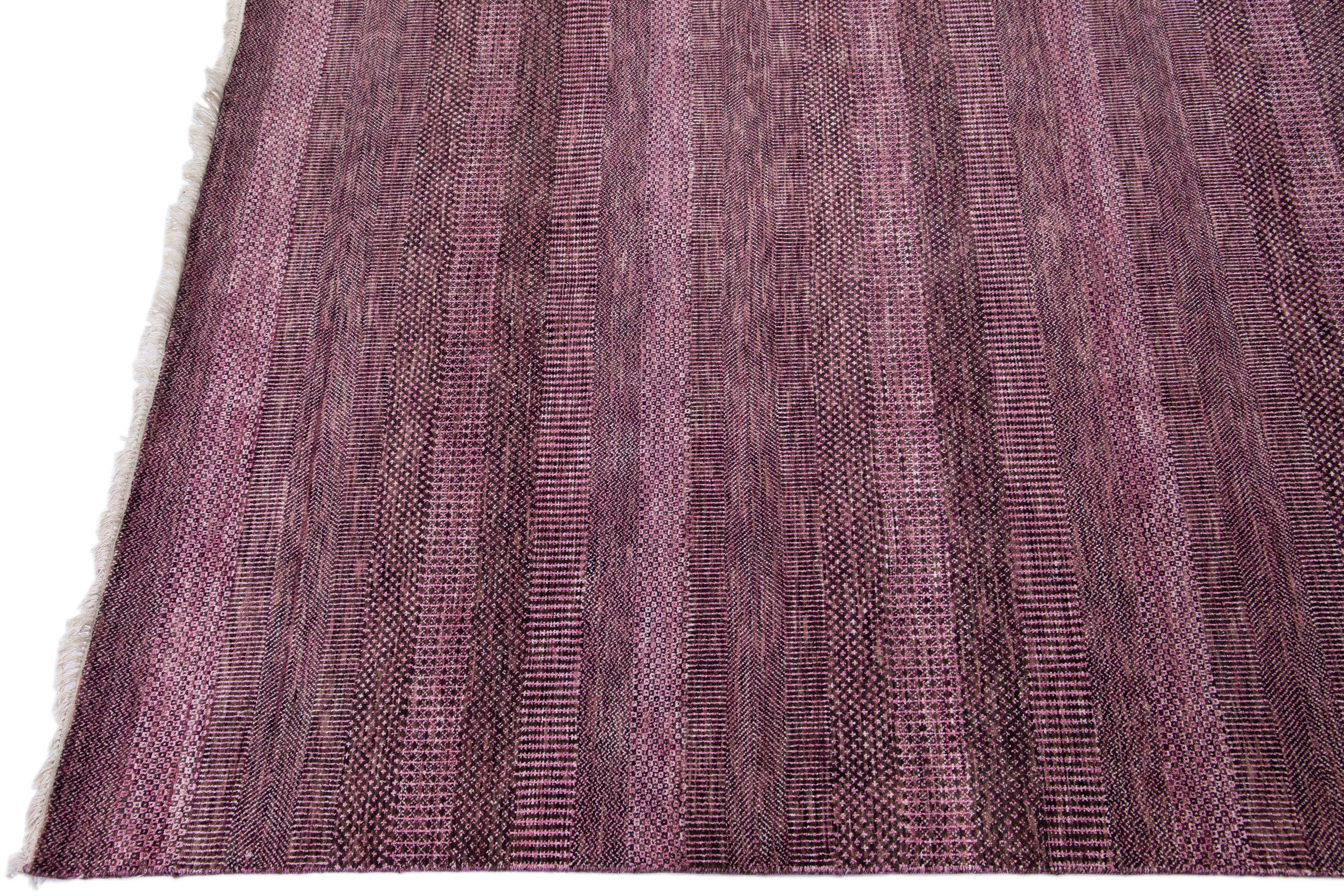 Hand-Knotted Modern Savannah Handmade Purple Wool Rug with Geometric Design For Sale
