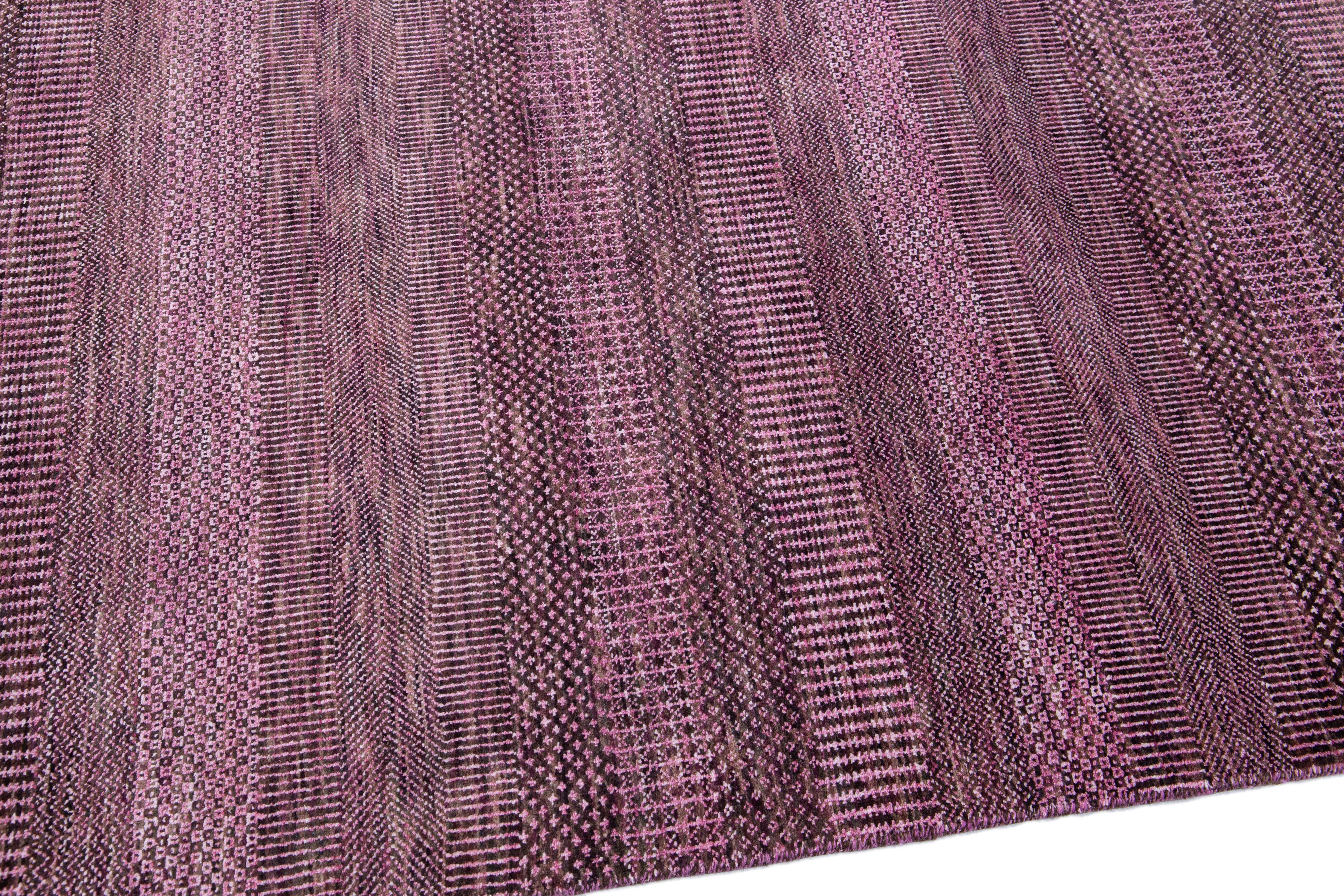 Contemporary Modern Savannah Handmade Purple Wool Rug with Geometric Design For Sale