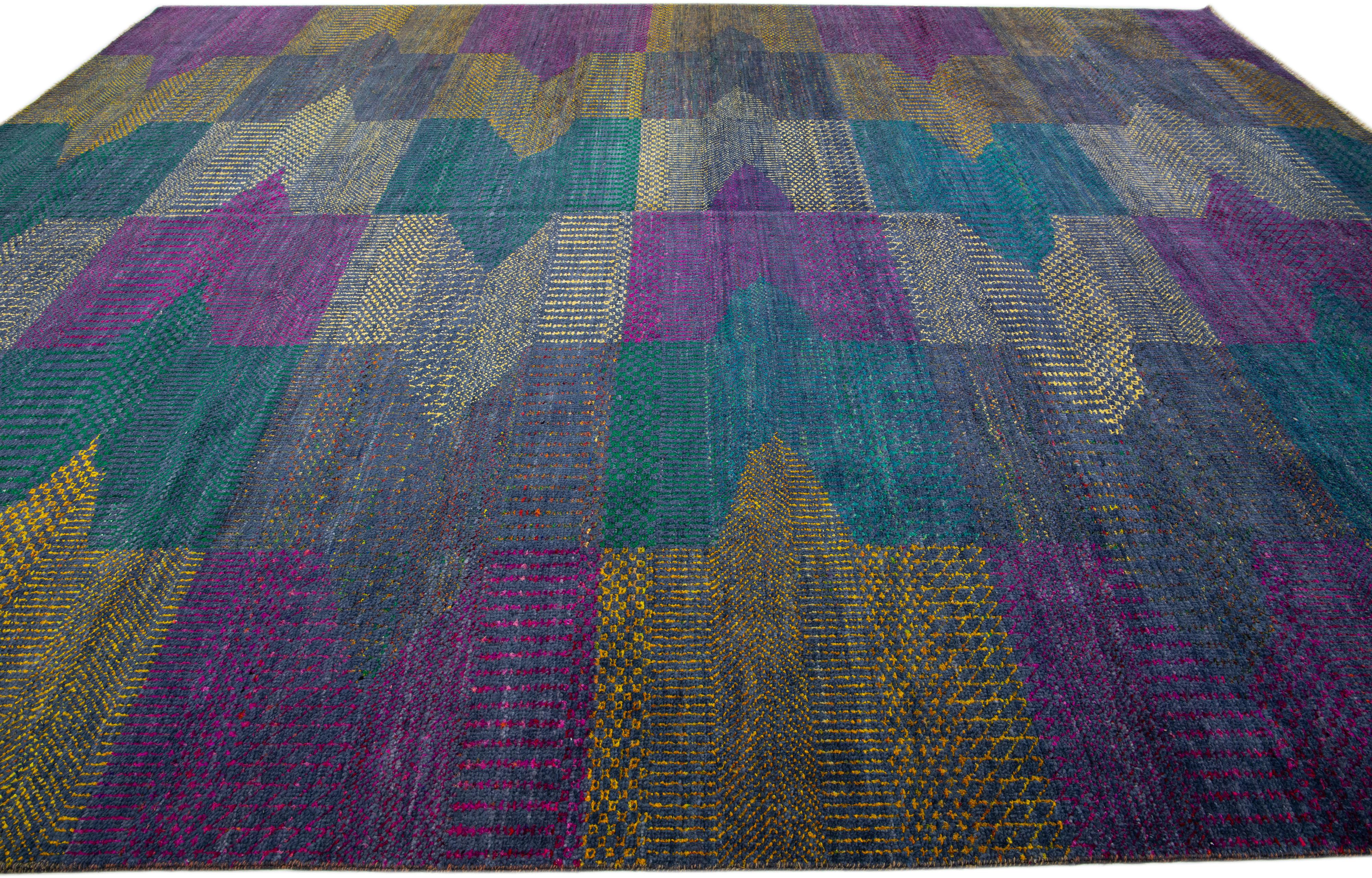 Contemporary Modern Savannah Handmade Wool Rug with Multicolor Geometric Design For Sale