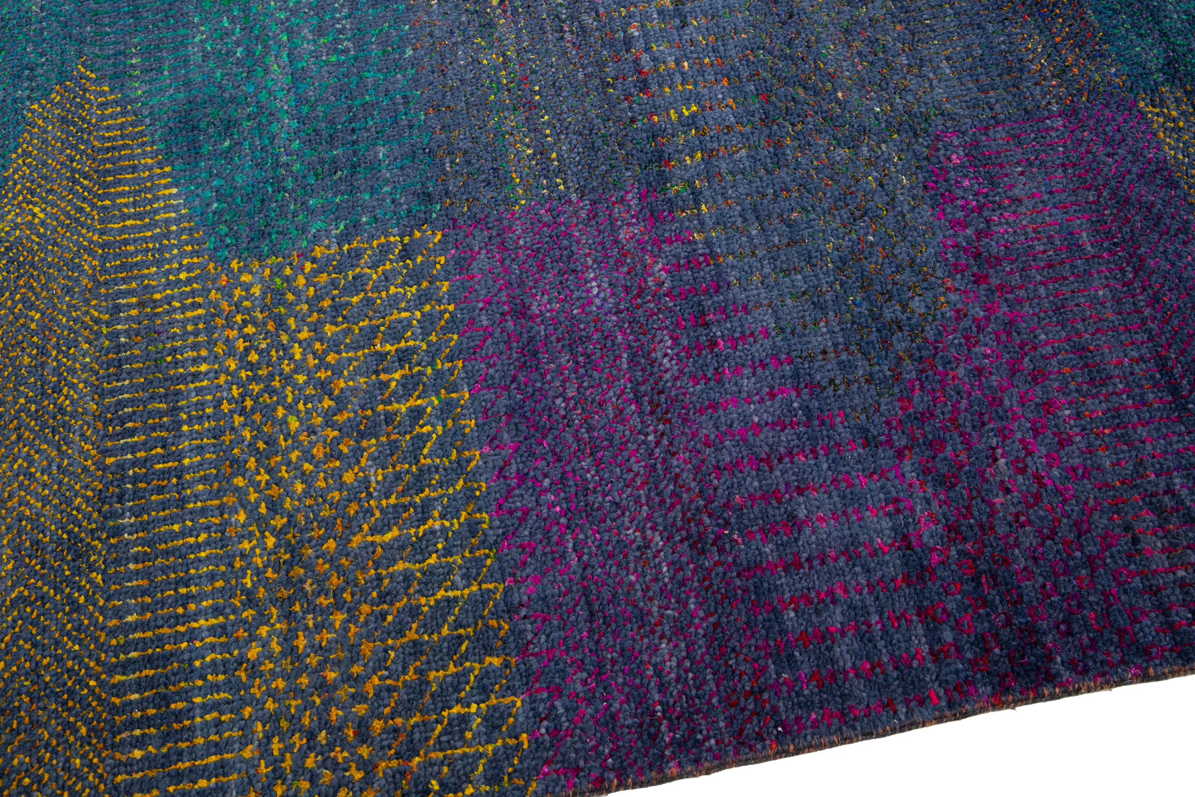 Modern Savannah Handmade Wool Rug with Multicolor Geometric Design For Sale 1