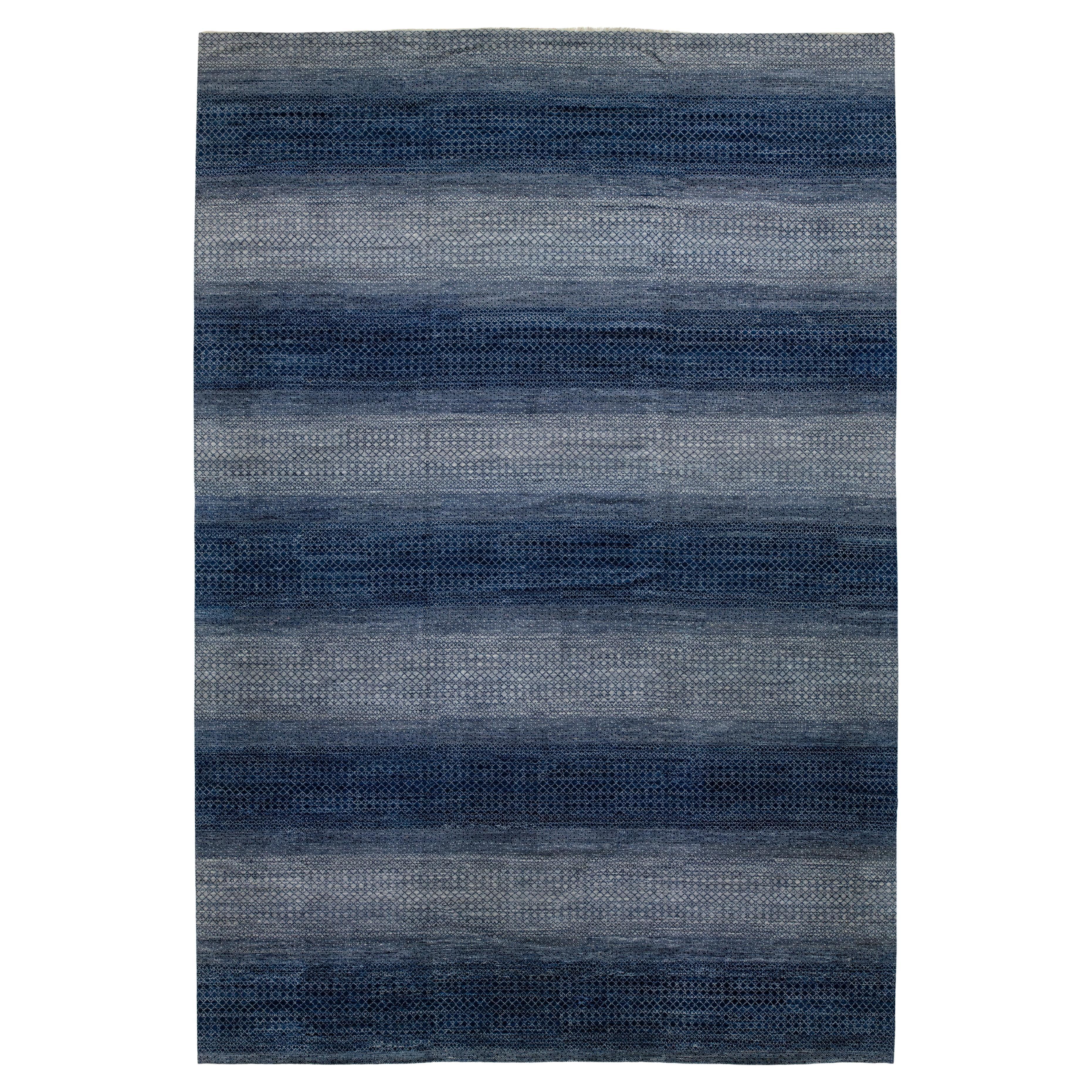 Tapis en laine gris et bleu à motif géométrique, fait main, style Savannah moderne