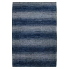 Moderner Savannah Stil Handgefertigter Grauer und Blauer Wollteppich mit Geometrischem Muster