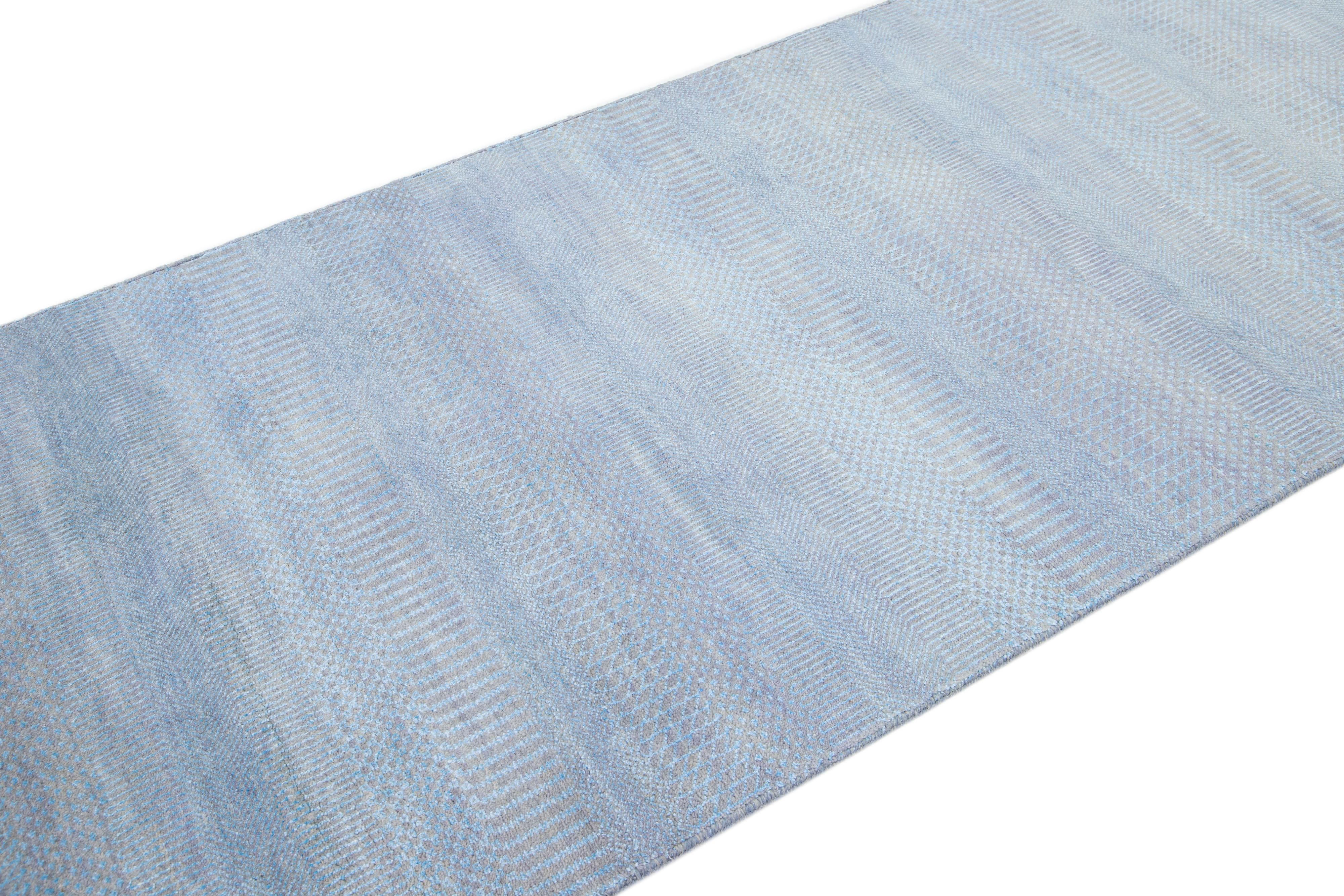 Indian Modern Savannah Wool Runner Handmade with Subtle Geometric Motif in Light Blue  For Sale