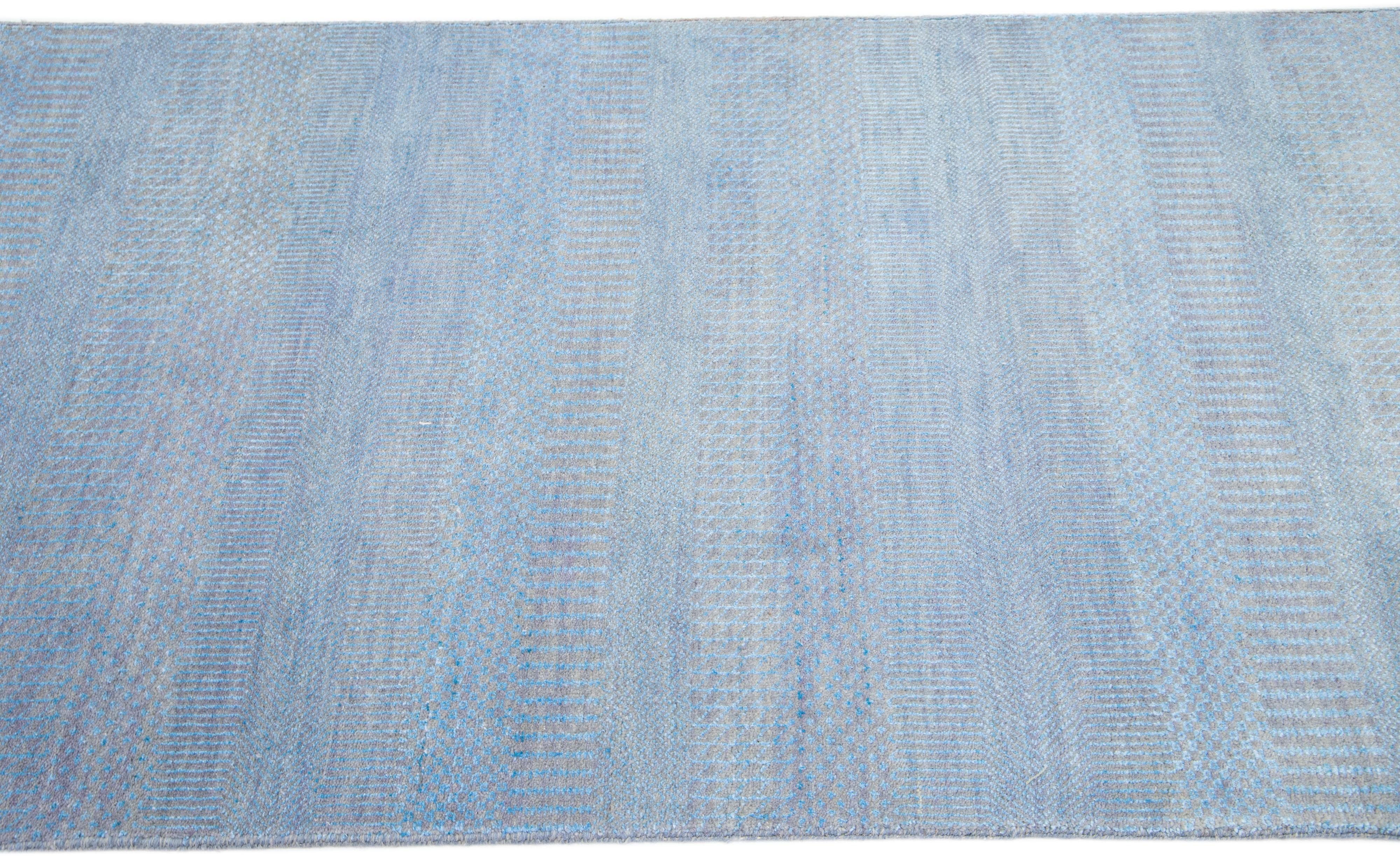 Hand-Knotted Modern Savannah Wool Runner Handmade with Subtle Geometric Motif in Light Blue  For Sale