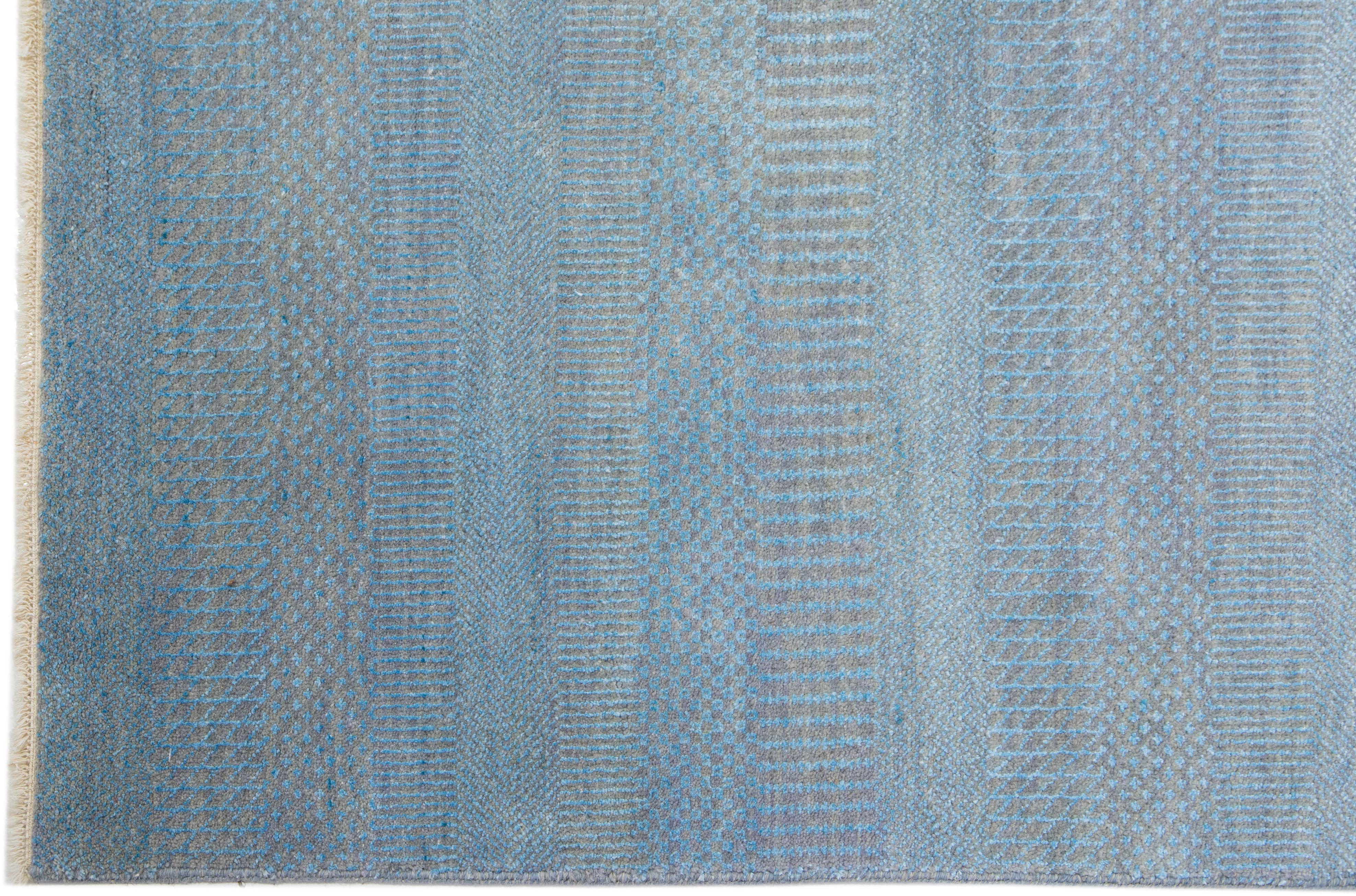 Modern Savannah Wool Runner Handmade with Subtle Geometric Motif in Light Blue  In New Condition For Sale In Norwalk, CT