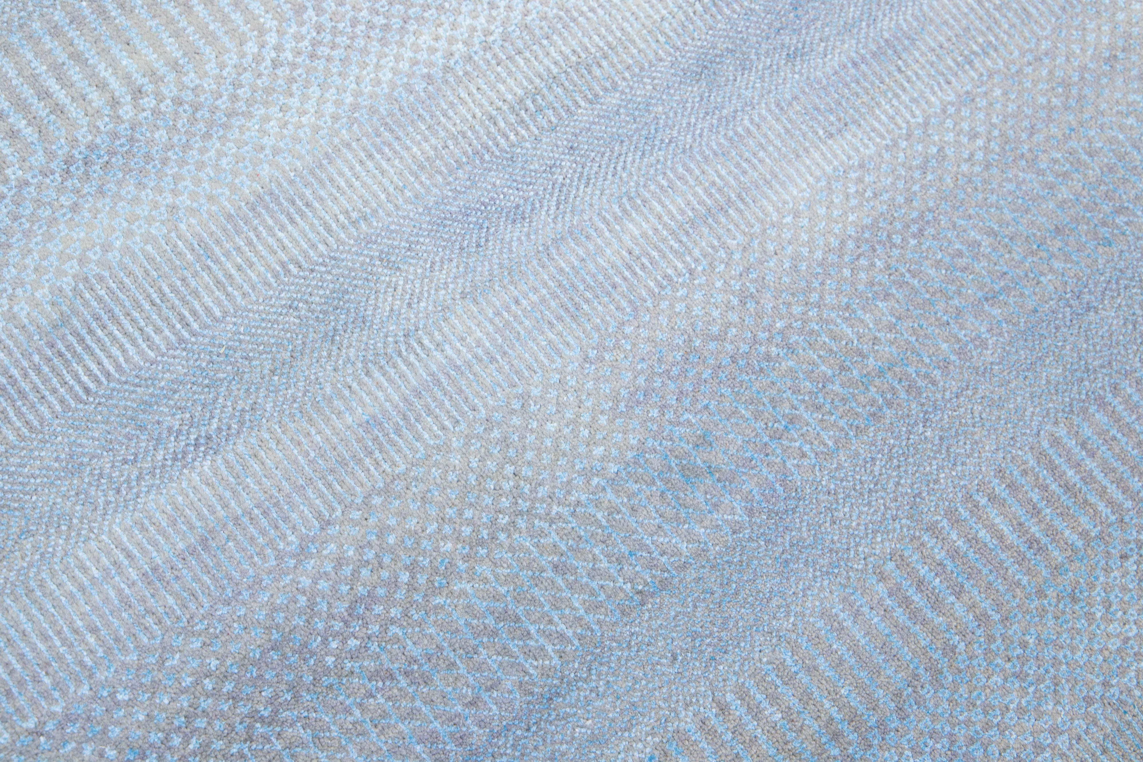 Contemporary Modern Savannah Wool Runner Handmade with Subtle Geometric Motif in Light Blue  For Sale