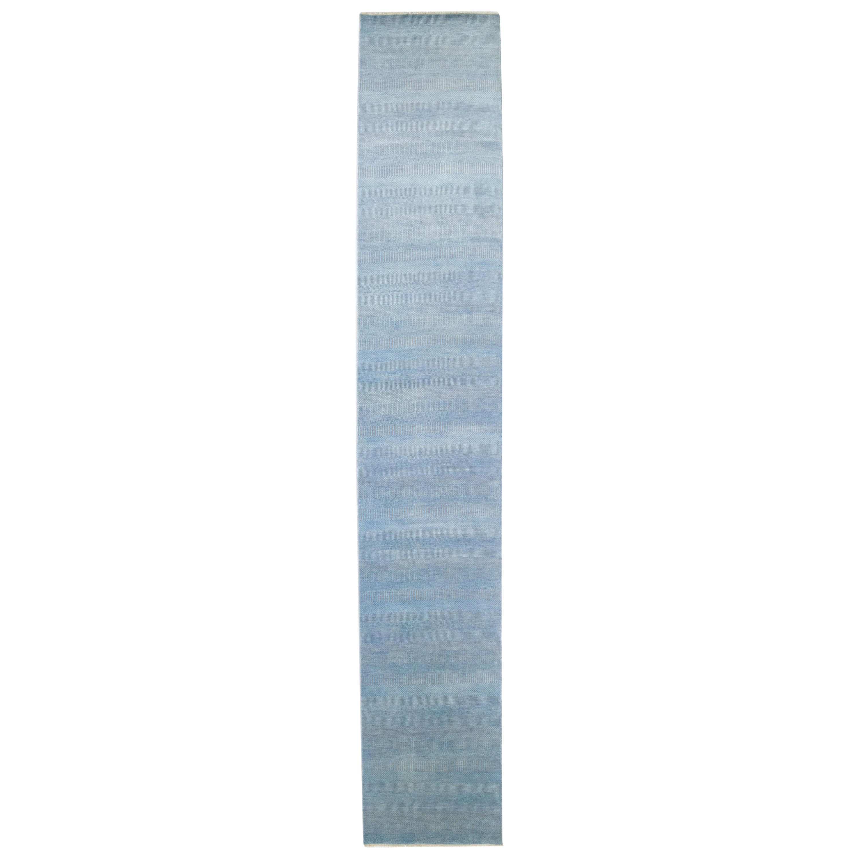 Modern Savannah Wool Runner Handmade with Subtle Geometric Motif in Light Blue