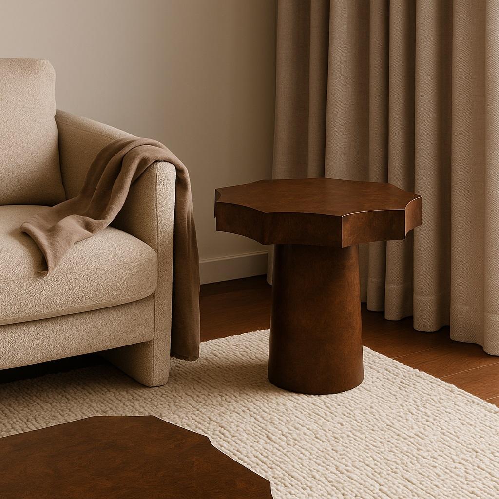Questo lussuoso tavolino rotondo è una miscela magistrale di materiali pregiati e design sofisticato. È realizzato con uno splendido legno di radice di noce, un materiale apprezzato per le sue venature uniche e intricate che creano un senso di