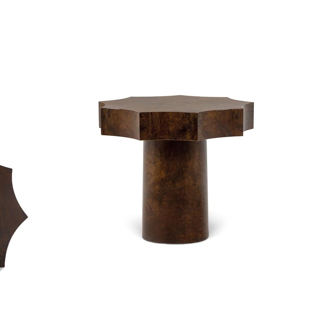 Portuguese Modern Scalloped Side Table In Glossy Walnut Root For Sale