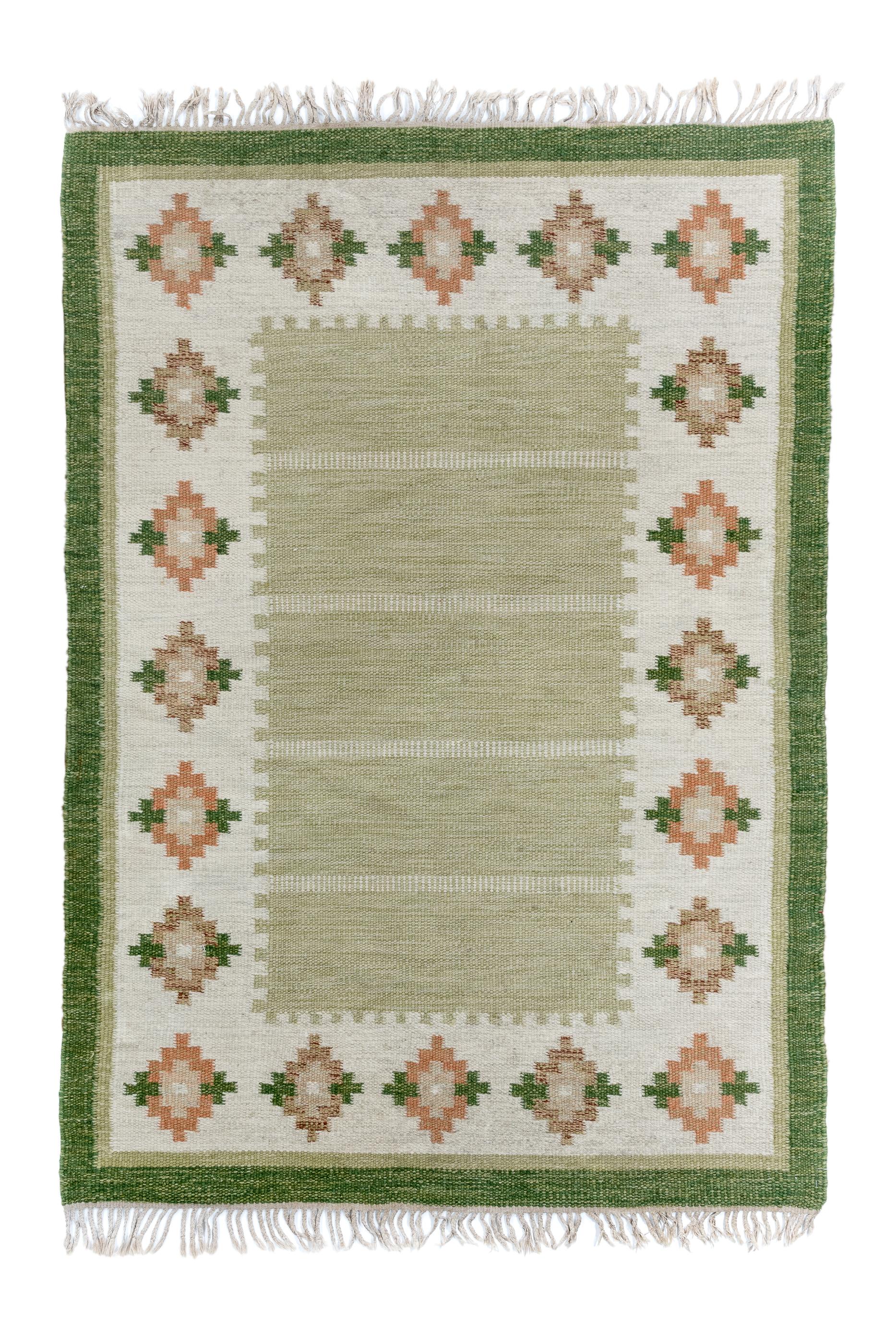 This wool wefted tapestry-weave scatter shows a minutely abrashed, five part rectangular camel field framed by a broad cream-sand border featuring stepped multicolour diamonds.  Plain rust-red outer border. As new condition.

Rug Size
4'5x6'6